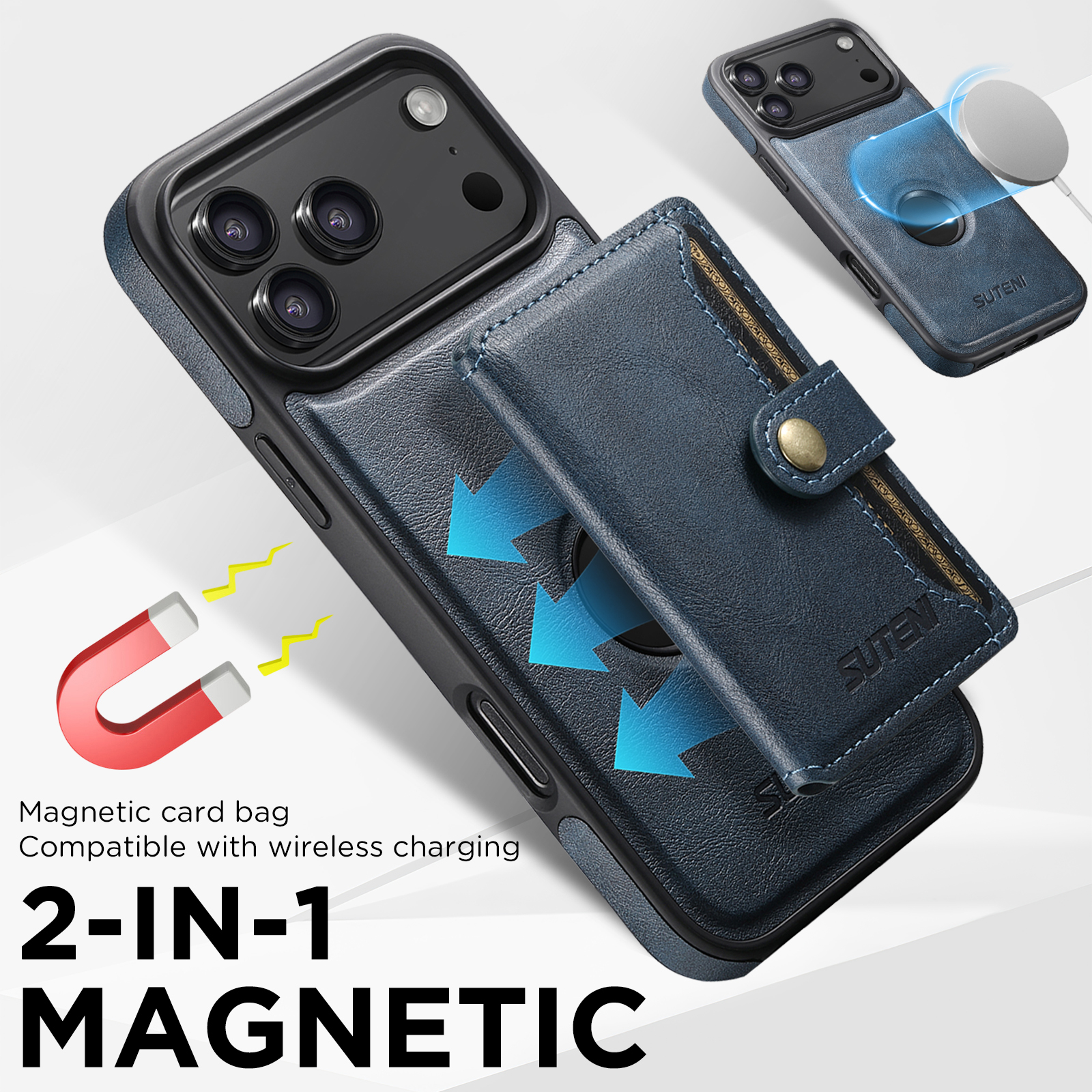 SUTENI M1 Wireless Charging Faux Leather Magnetic Button Card Holder Stand Phone Case Smooth Surface 2-in-1 Wallet For iPhone 17 Pro Max 16 Plus 15 14 13 12