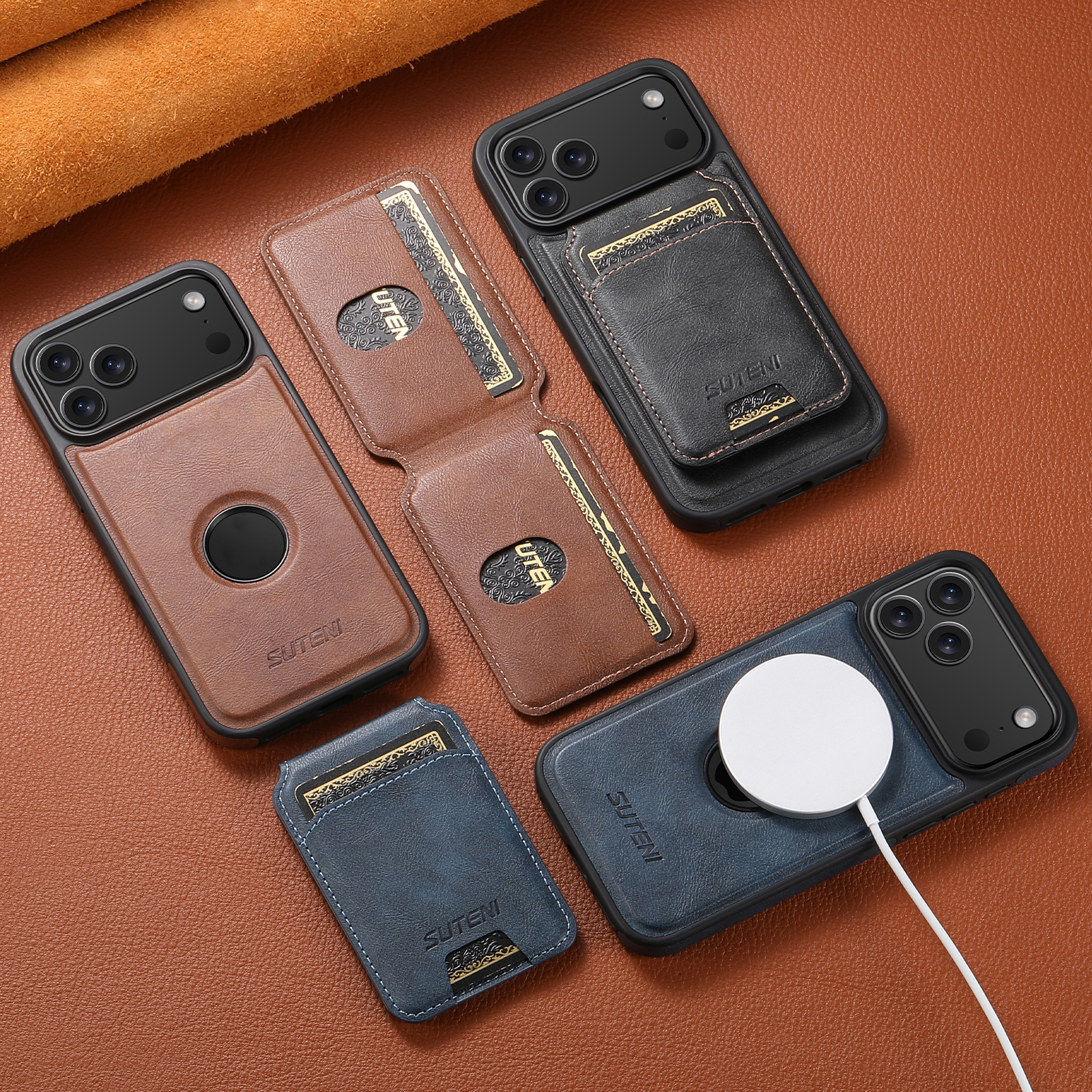 SUTENI M2 Faux Leather Phone Case Wireless Charging Magnet Card Holder Stand Smooth Surface 2-in-1 For 17 Pro Max 16 Plus 15 14 13 12