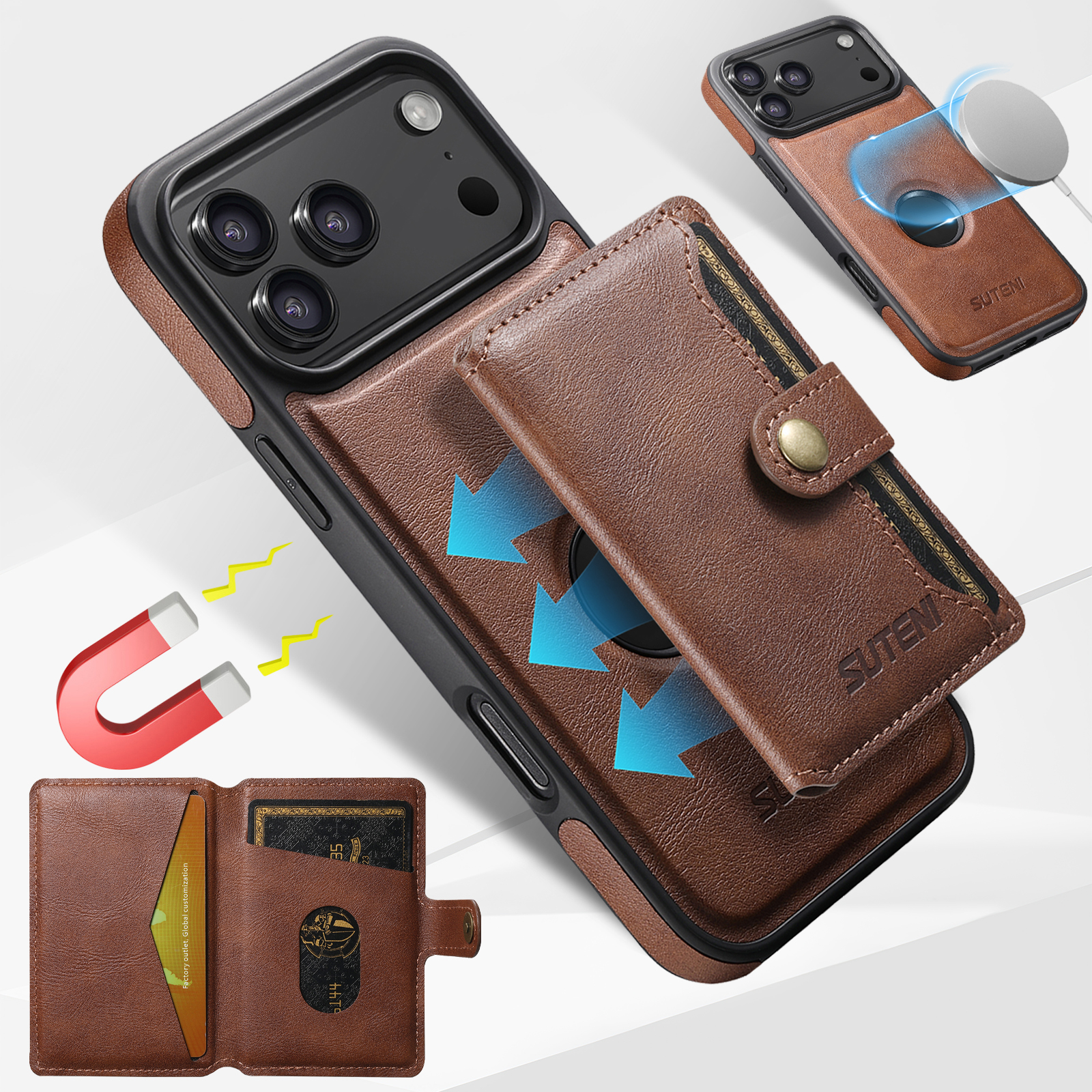 SUTENI M1 Wireless Charging Faux Leather Magnetic Button Card Holder Stand Phone Case Smooth Surface 2-in-1 Wallet For iPhone 17 Pro Max 16 Plus 15 14 13 12
