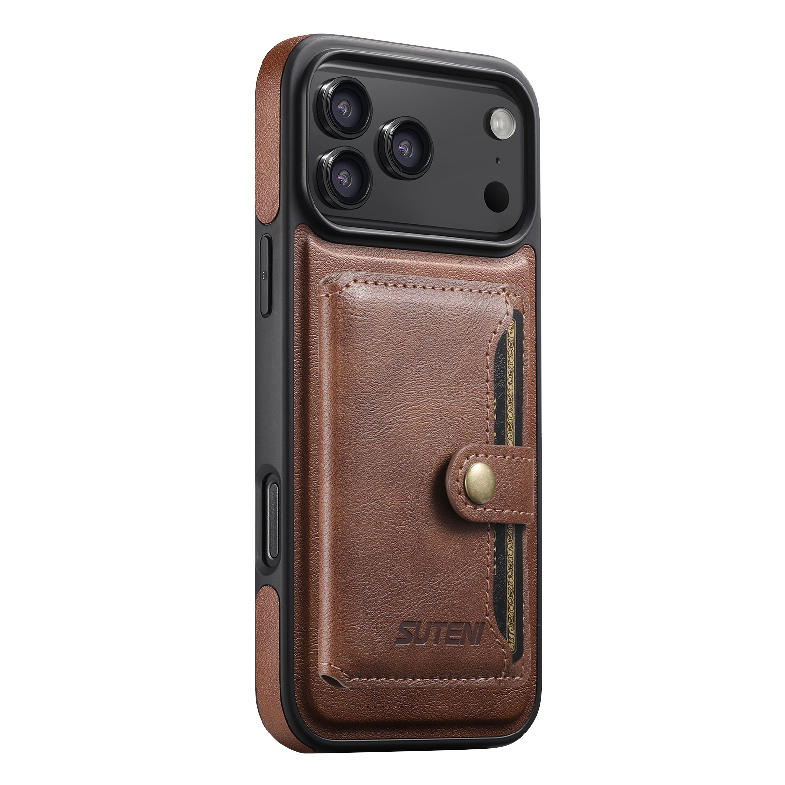 SUTENI M1 Wireless Charging Faux Leather Magnetic Button Card Holder Stand Phone Case Smooth Surface 2-in-1 Wallet For iPhone 17 Pro Max 16 Plus 15 14 13 12