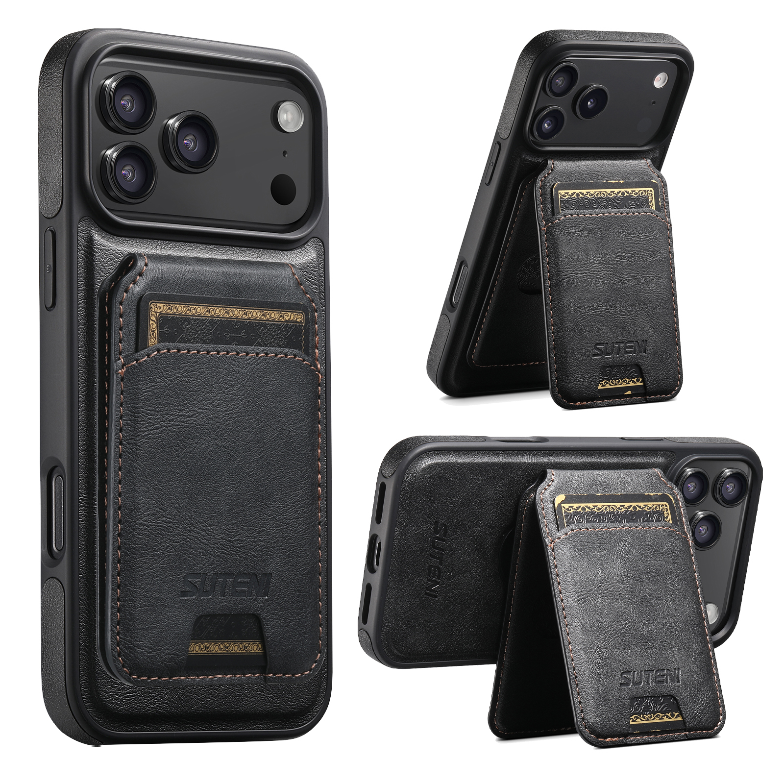 SUTENI M2 Faux Leather Phone Case Wireless Charging Magnet Card Holder Stand Smooth Surface 2-in-1 For 17 Pro Max 16 Plus 15 14 13 12