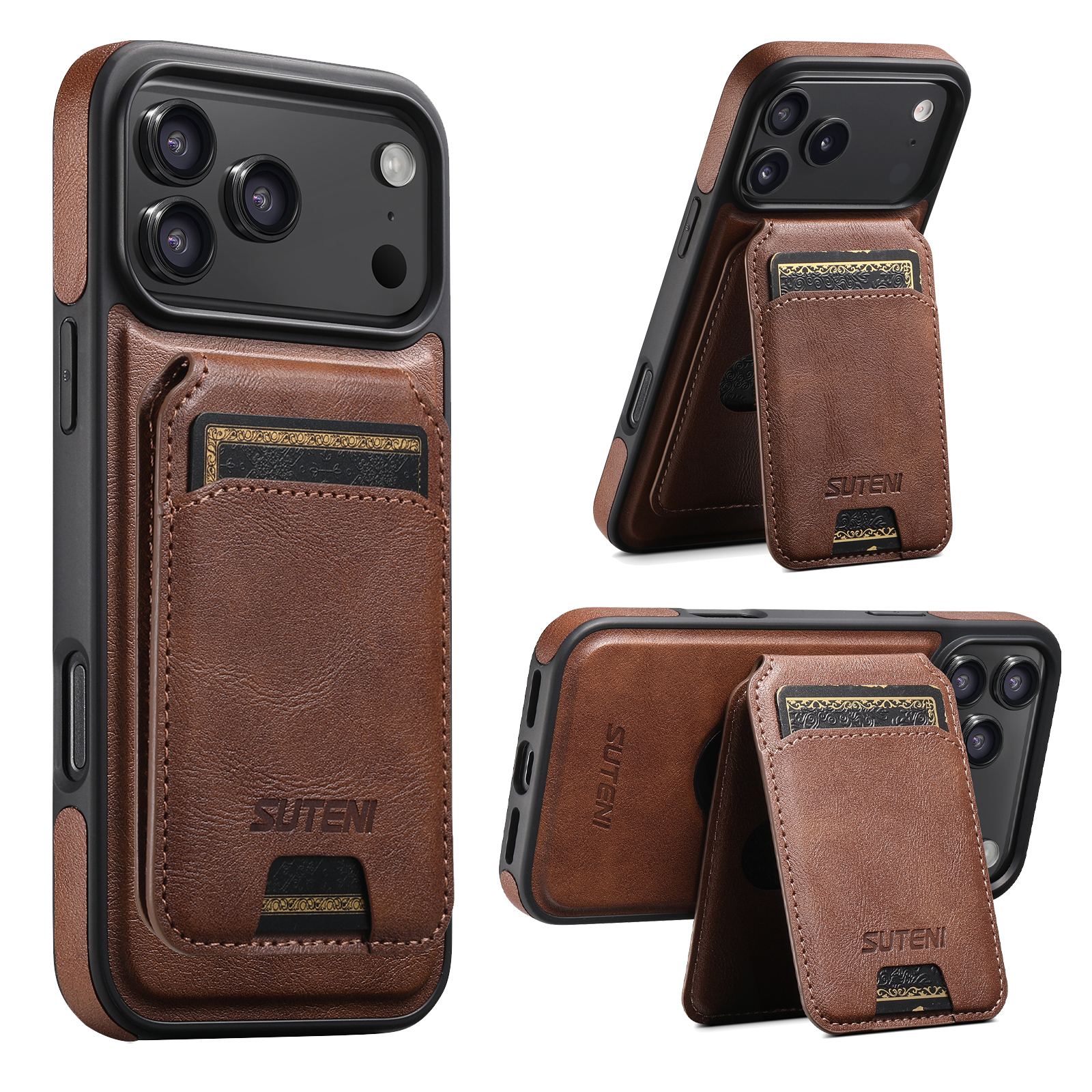 SUTENI M2 Faux Leather Phone Case Wireless Charging Magnet Card Holder Stand Smooth Surface 2-in-1 For 17 Pro Max 16 Plus 15 14 13 12