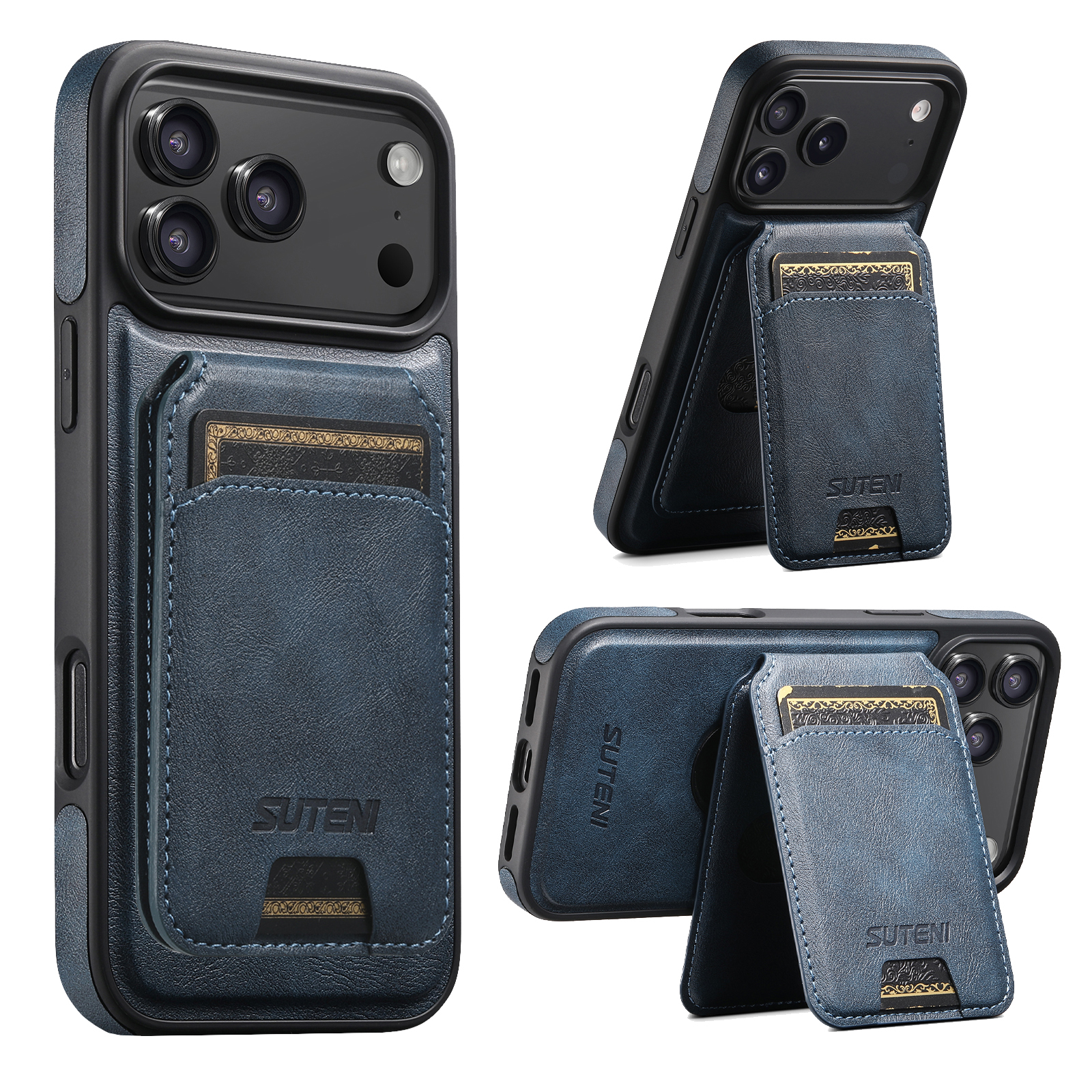 SUTENI M2 Faux Leather Phone Case Wireless Charging Magnet Card Holder Stand Smooth Surface 2-in-1 For 17 Pro Max 16 Plus 15 14 13 12