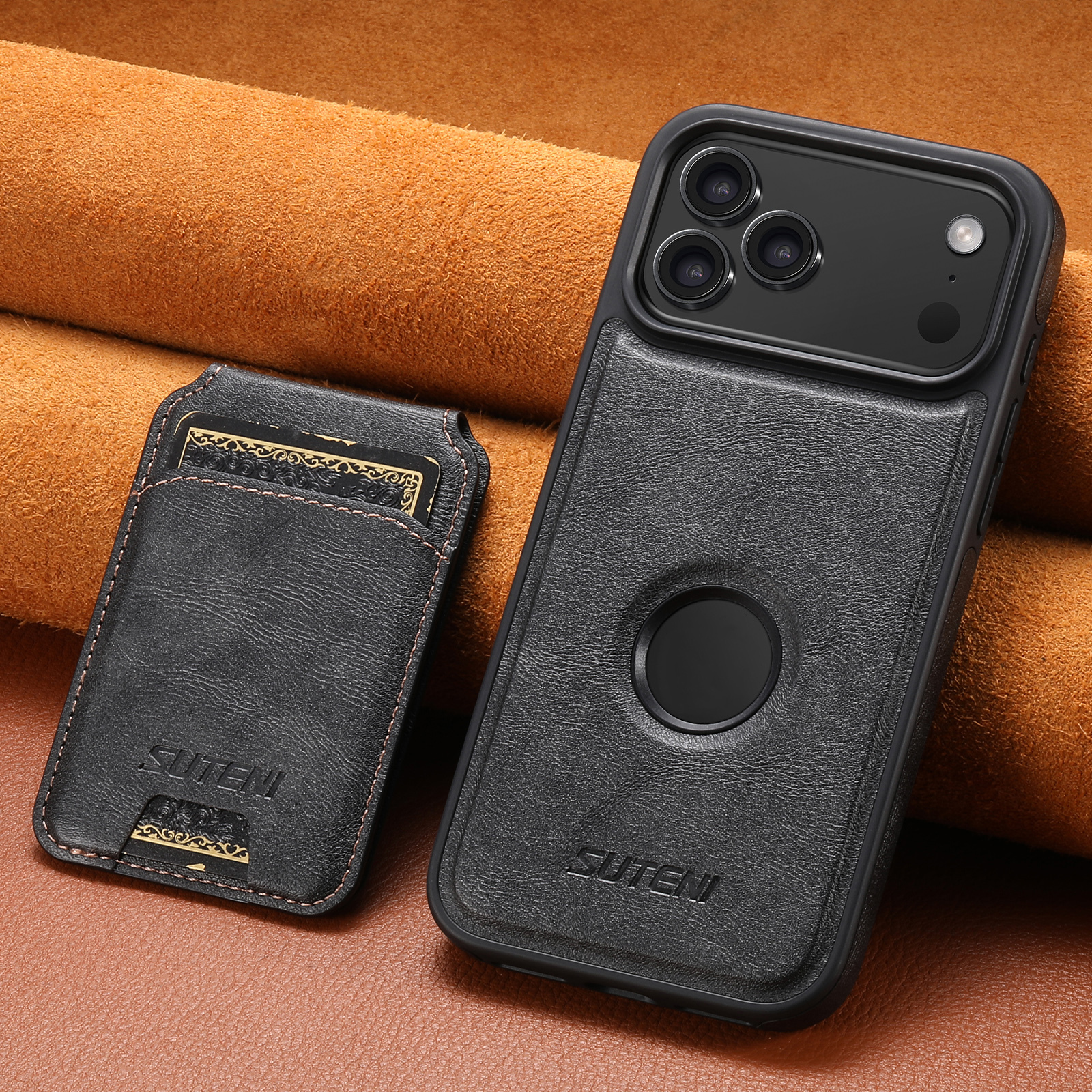 SUTENI M2 Faux Leather Phone Case Wireless Charging Magnet Card Holder Stand Smooth Surface 2-in-1 For 17 Pro Max 16 Plus 15 14 13 12