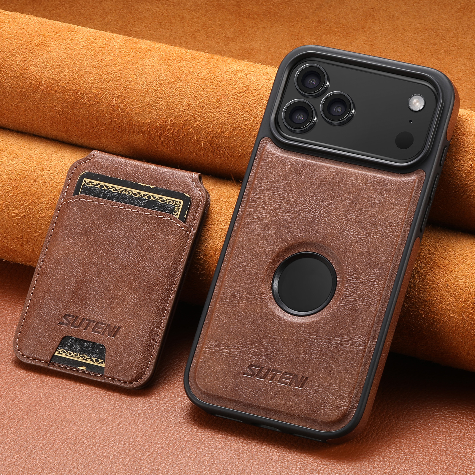 SUTENI M2 Faux Leather Phone Case Wireless Charging Magnet Card Holder Stand Smooth Surface 2-in-1 For 17 Pro Max 16 Plus 15 14 13 12