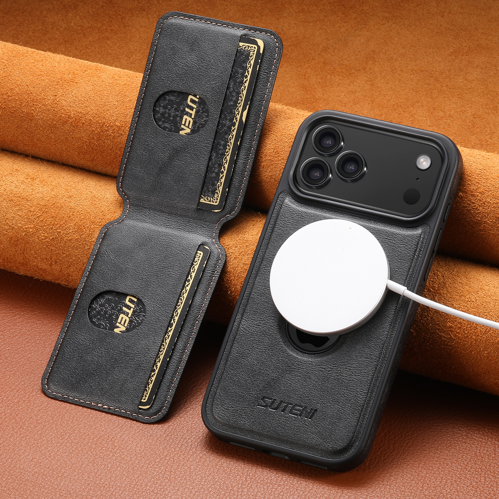 SUTENI M2 Faux Leather Phone Case Wireless Charging Magnet Card Holder Stand Smooth Surface 2-in-1 For 17 Pro Max 16 Plus 15 14 13 12