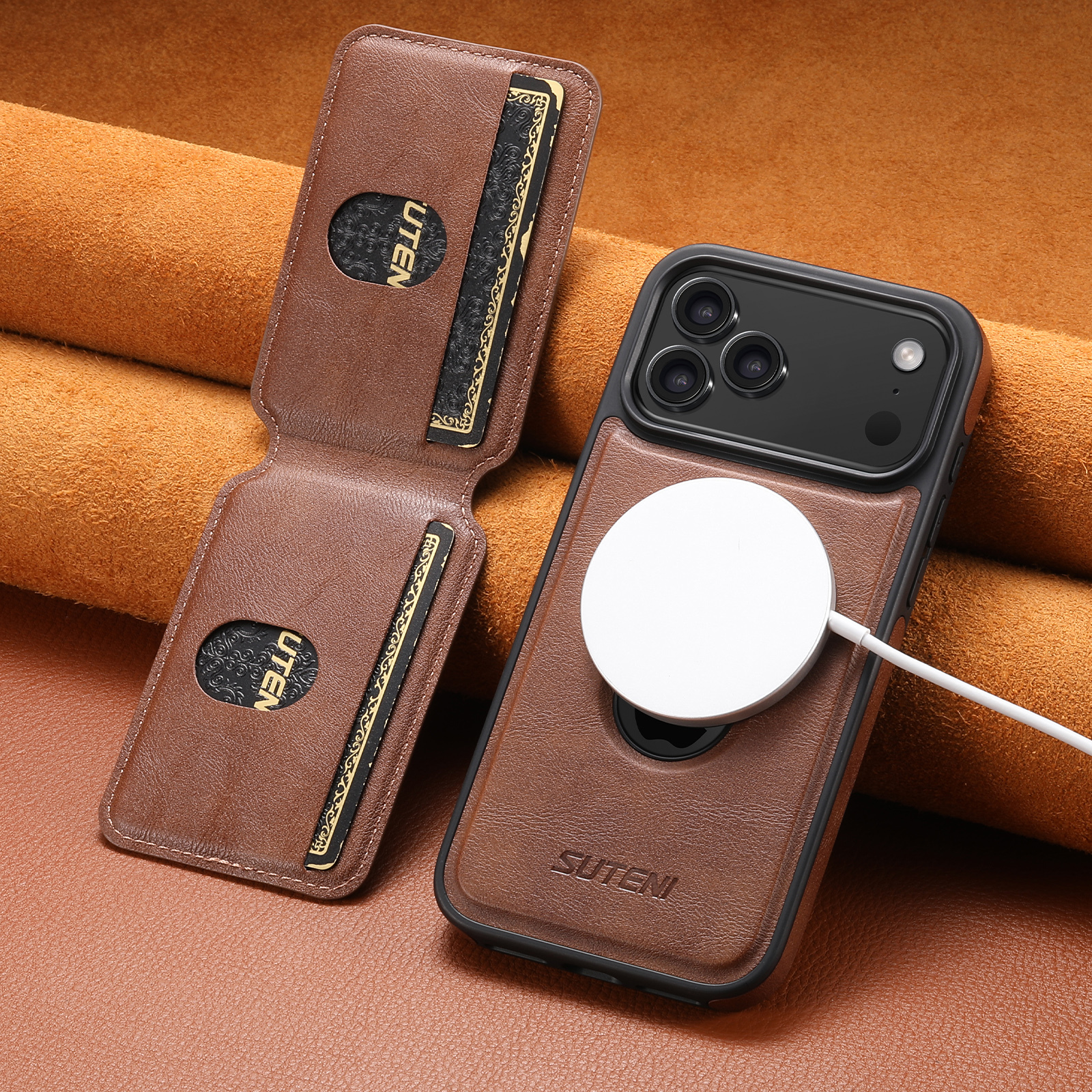 SUTENI M2 Faux Leather Phone Case Wireless Charging Magnet Card Holder Stand Smooth Surface 2-in-1 For 17 Pro Max 16 Plus 15 14 13 12