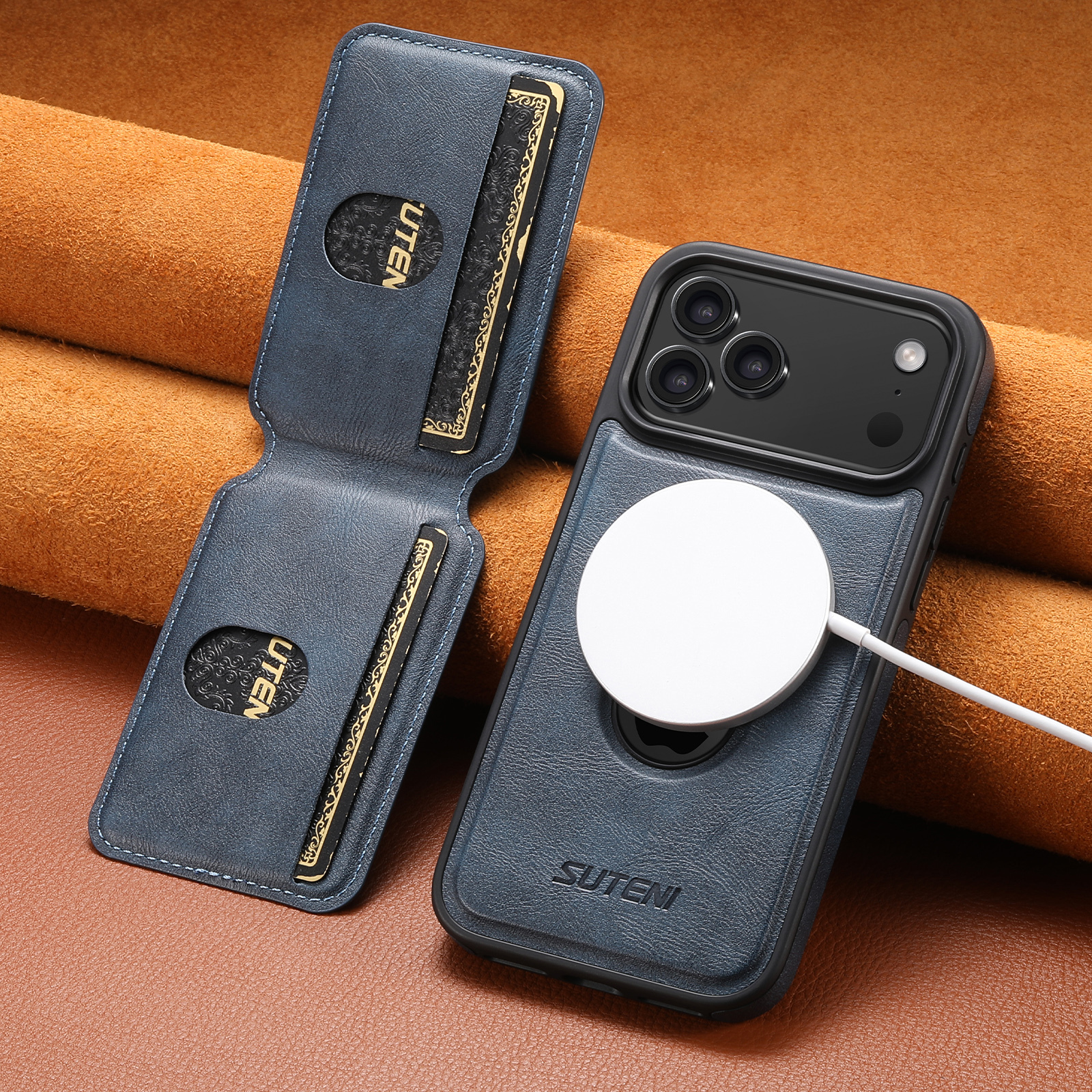 SUTENI M2 Faux Leather Phone Case Wireless Charging Magnet Card Holder Stand Smooth Surface 2-in-1 For 17 Pro Max 16 Plus 15 14 13 12