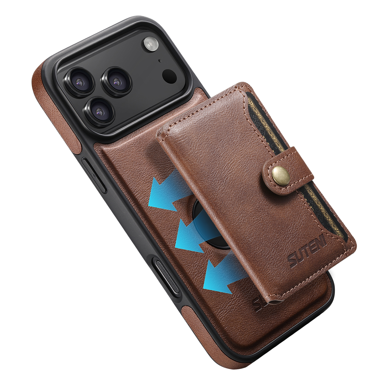 SUTENI M1 Wireless Charging Faux Leather Magnetic Button Card Holder Stand Phone Case Smooth Surface 2-in-1 Wallet For iPhone 17 Pro Max 16 Plus 15 14 13 12