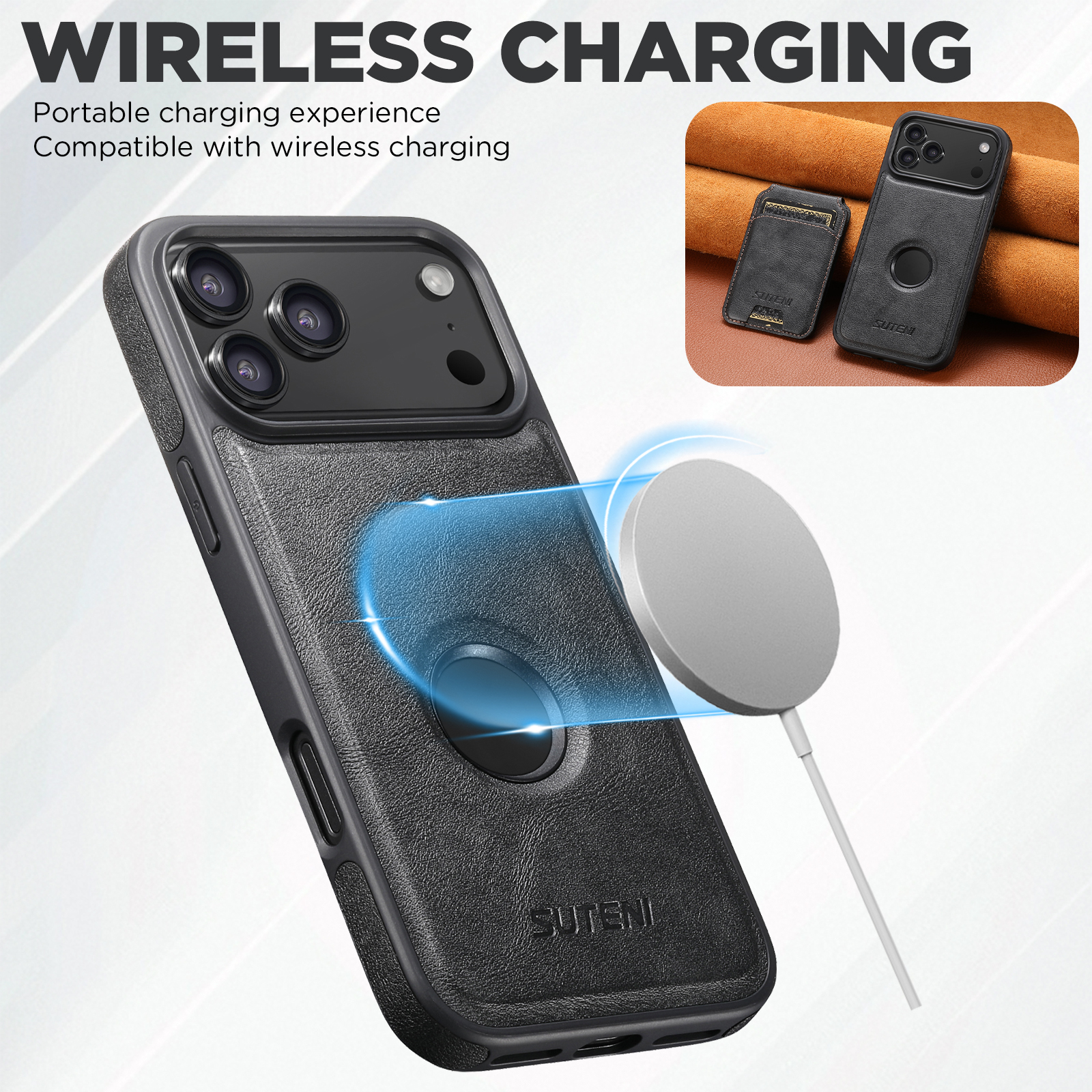 SUTENI M2 Faux Leather Phone Case Wireless Charging Magnet Card Holder Stand Smooth Surface 2-in-1 For 17 Pro Max 16 Plus 15 14 13 12