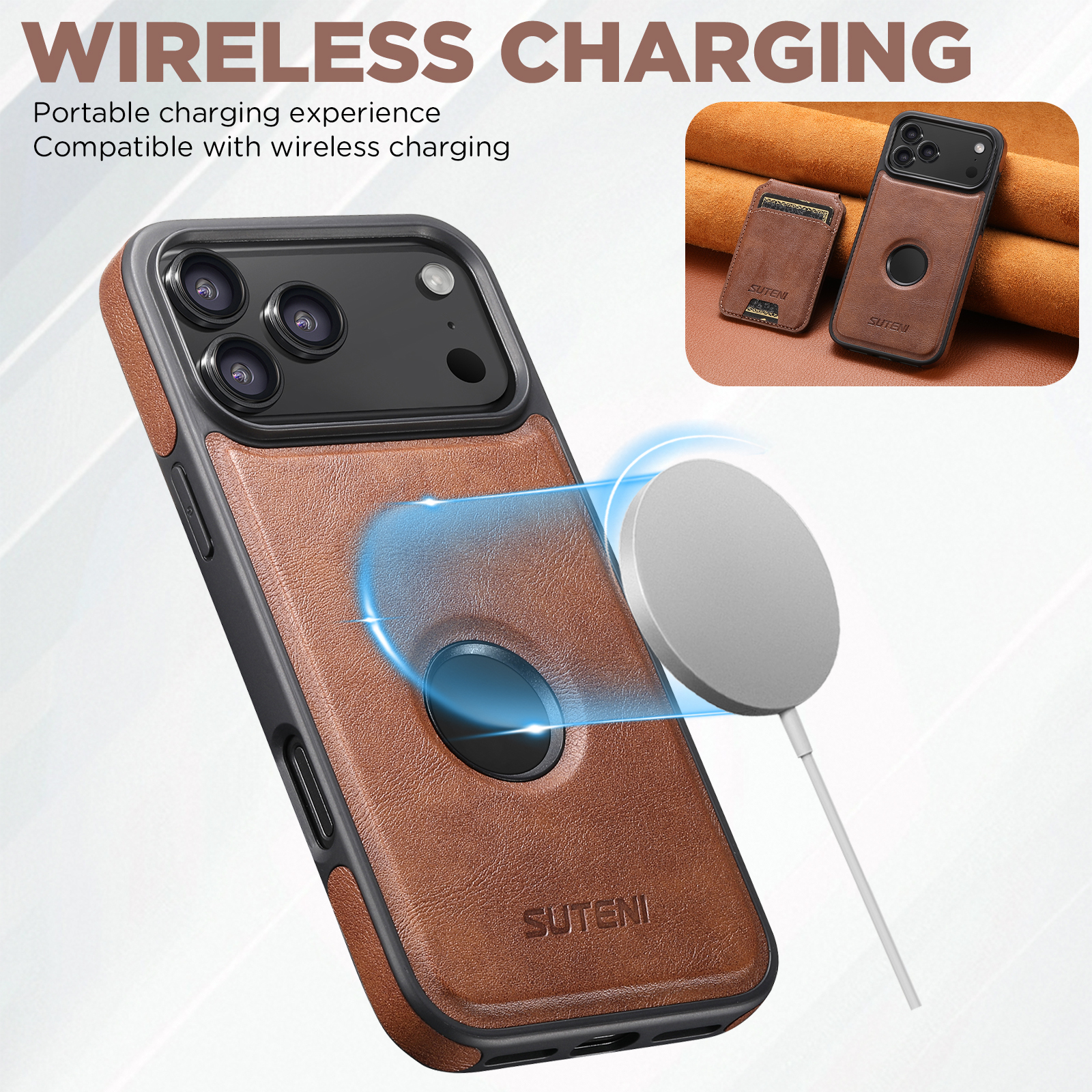SUTENI M2 Faux Leather Phone Case Wireless Charging Magnet Card Holder Stand Smooth Surface 2-in-1 For 17 Pro Max 16 Plus 15 14 13 12