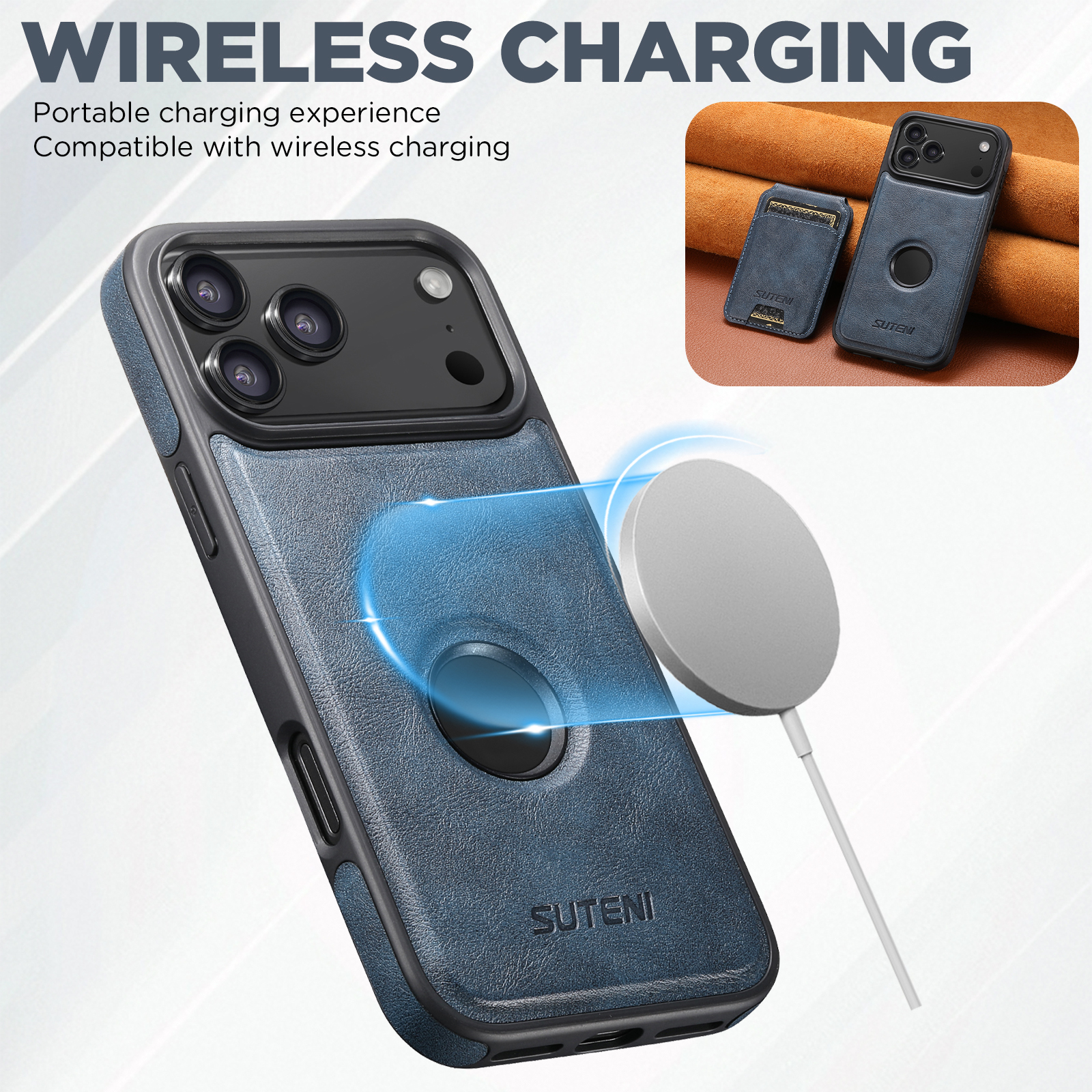 SUTENI M2 Faux Leather Phone Case Wireless Charging Magnet Card Holder Stand Smooth Surface 2-in-1 For 17 Pro Max 16 Plus 15 14 13 12
