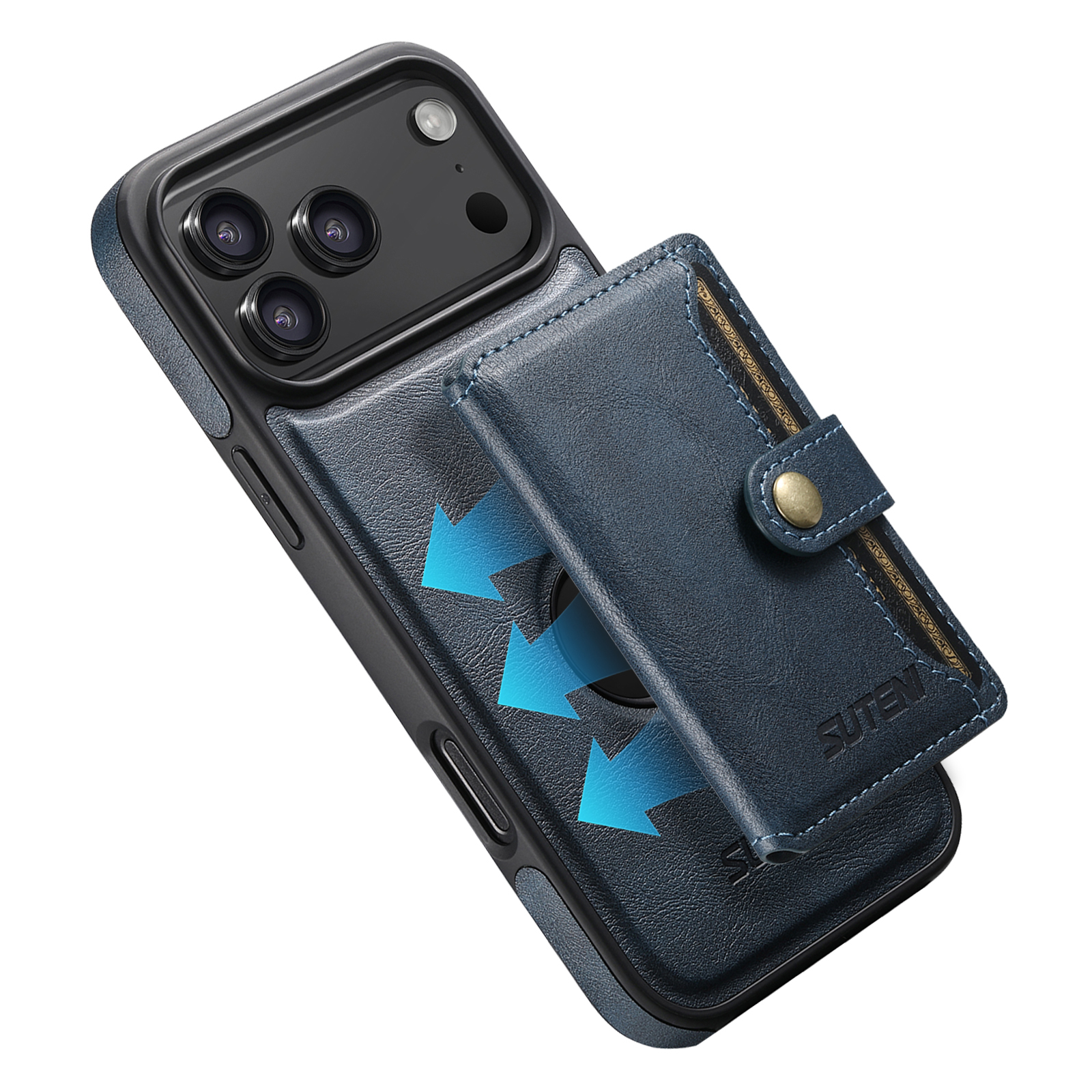 SUTENI M1 Wireless Charging Faux Leather Magnetic Button Card Holder Stand Phone Case Smooth Surface 2-in-1 Wallet For iPhone 17 Pro Max 16 Plus 15 14 13 12