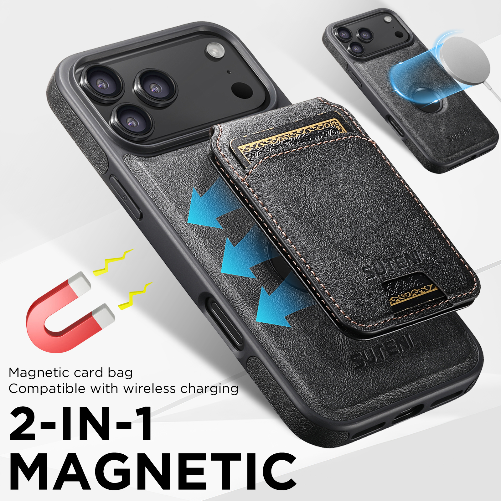 SUTENI M2 Faux Leather Phone Case Wireless Charging Magnet Card Holder Stand Smooth Surface 2-in-1 For 17 Pro Max 16 Plus 15 14 13 12