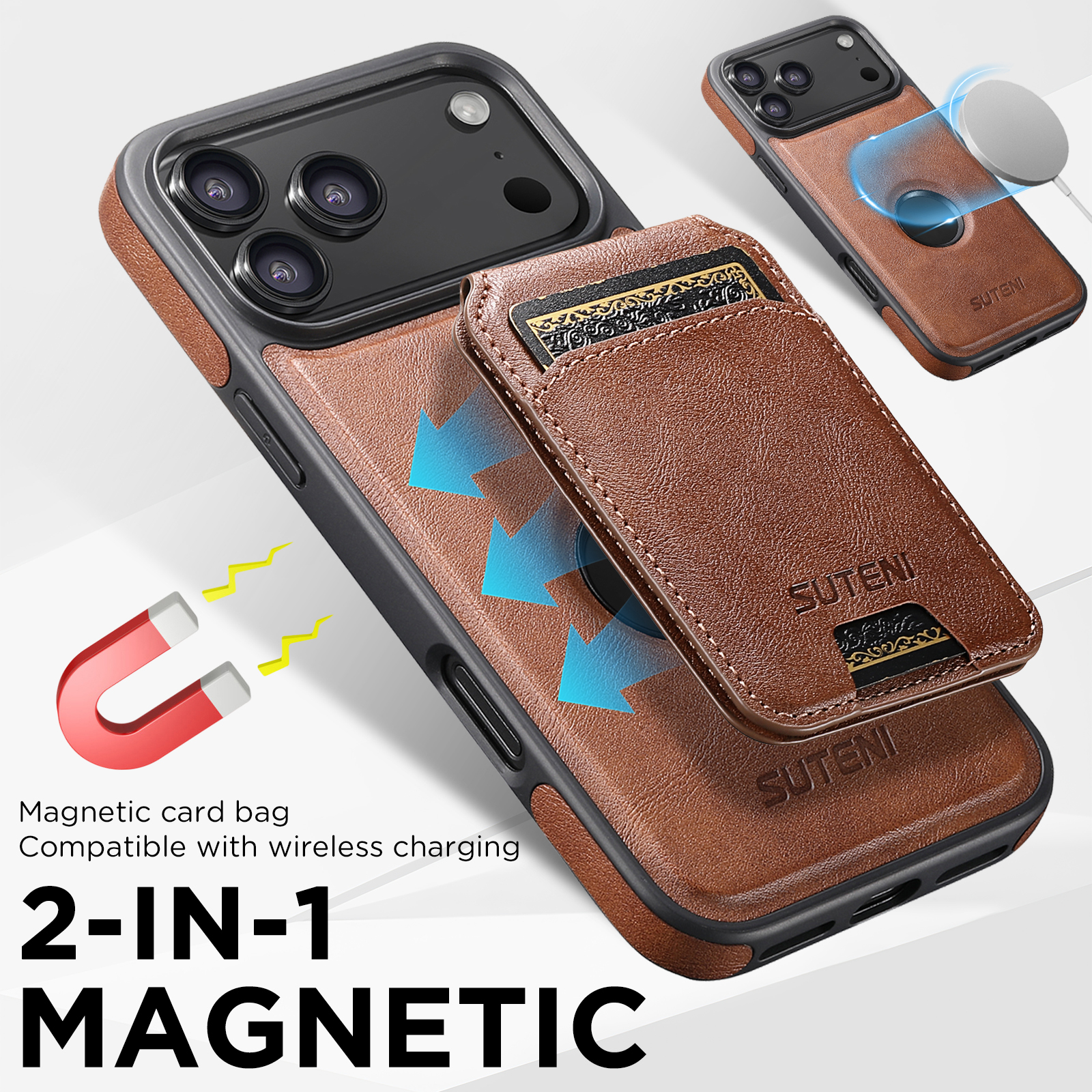 SUTENI M2 Faux Leather Phone Case Wireless Charging Magnet Card Holder Stand Smooth Surface 2-in-1 For 17 Pro Max 16 Plus 15 14 13 12