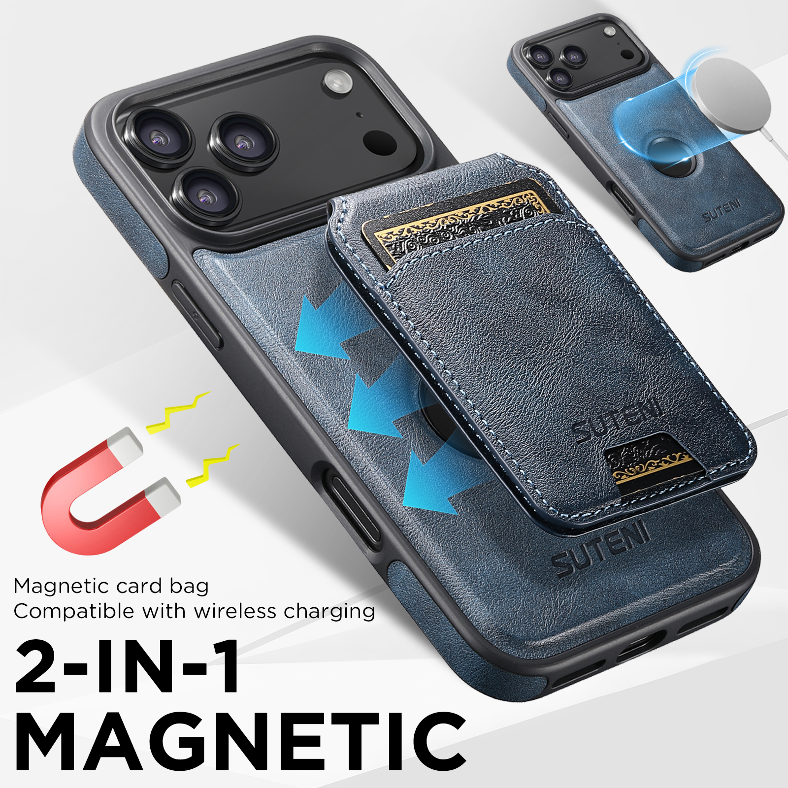 SUTENI M2 Faux Leather Phone Case Wireless Charging Magnet Card Holder Stand Smooth Surface 2-in-1 For 17 Pro Max 16 Plus 15 14 13 12