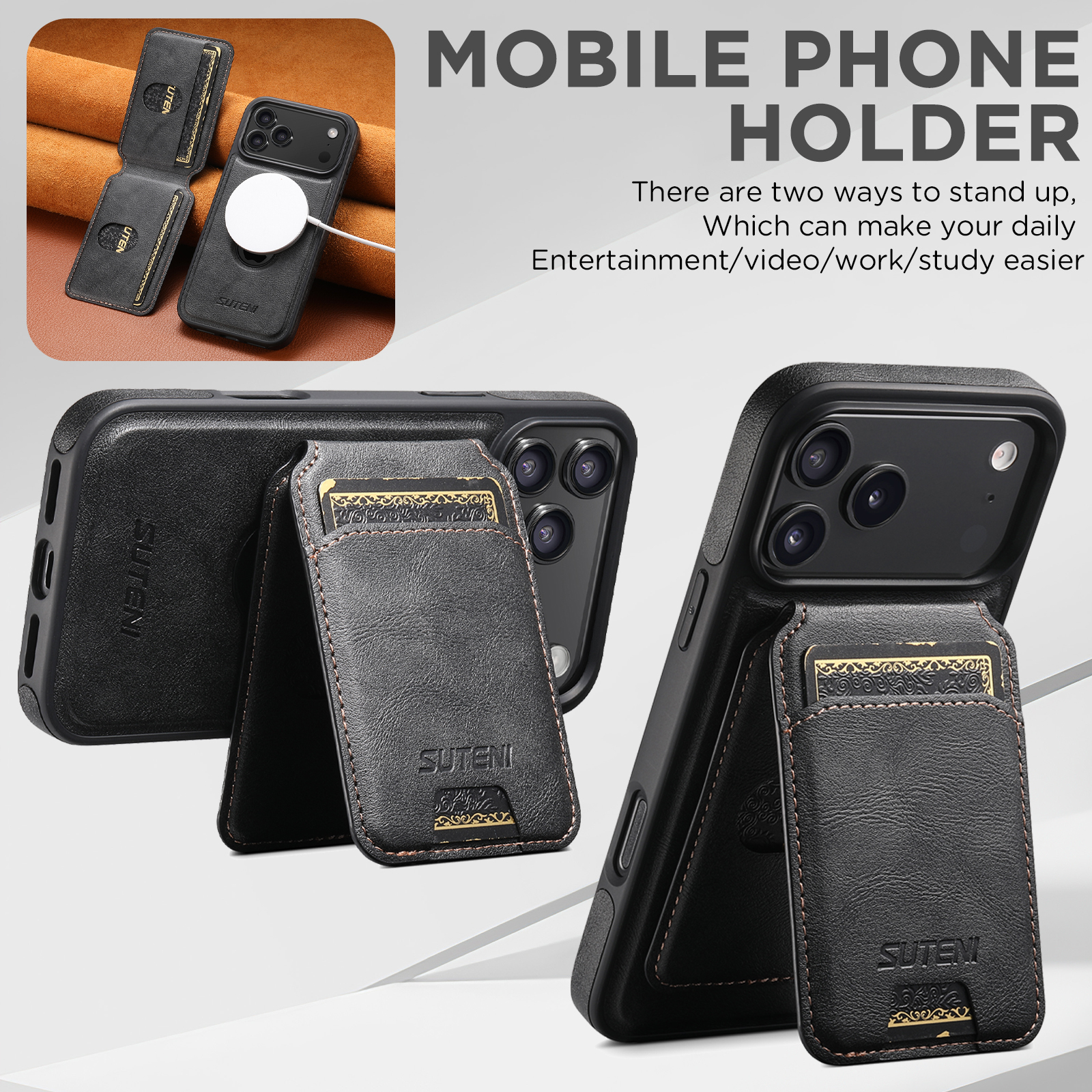SUTENI M2 Faux Leather Phone Case Wireless Charging Magnet Card Holder Stand Smooth Surface 2-in-1 For 17 Pro Max 16 Plus 15 14 13 12