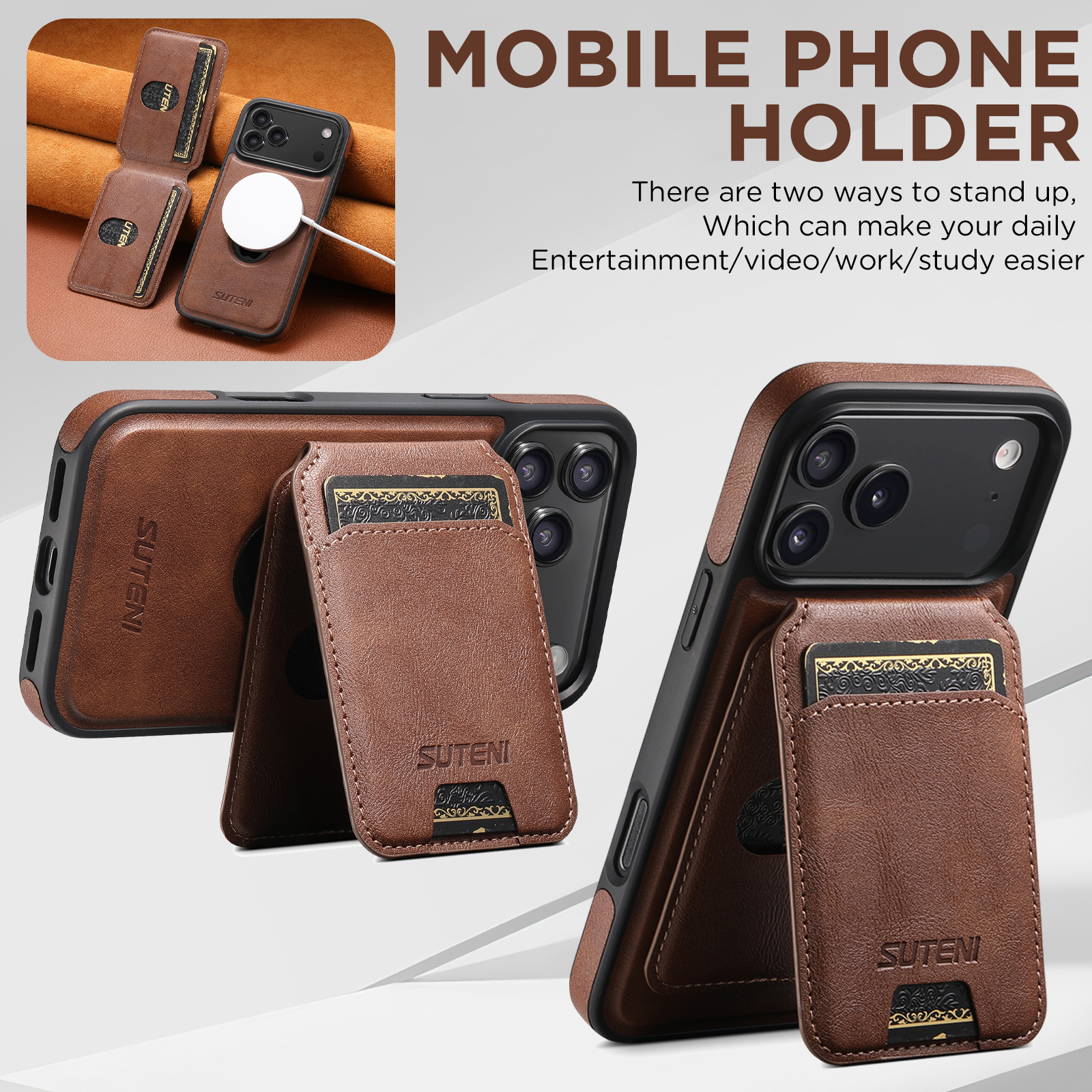 SUTENI M2 Faux Leather Phone Case Wireless Charging Magnet Card Holder Stand Smooth Surface 2-in-1 For 17 Pro Max 16 Plus 15 14 13 12