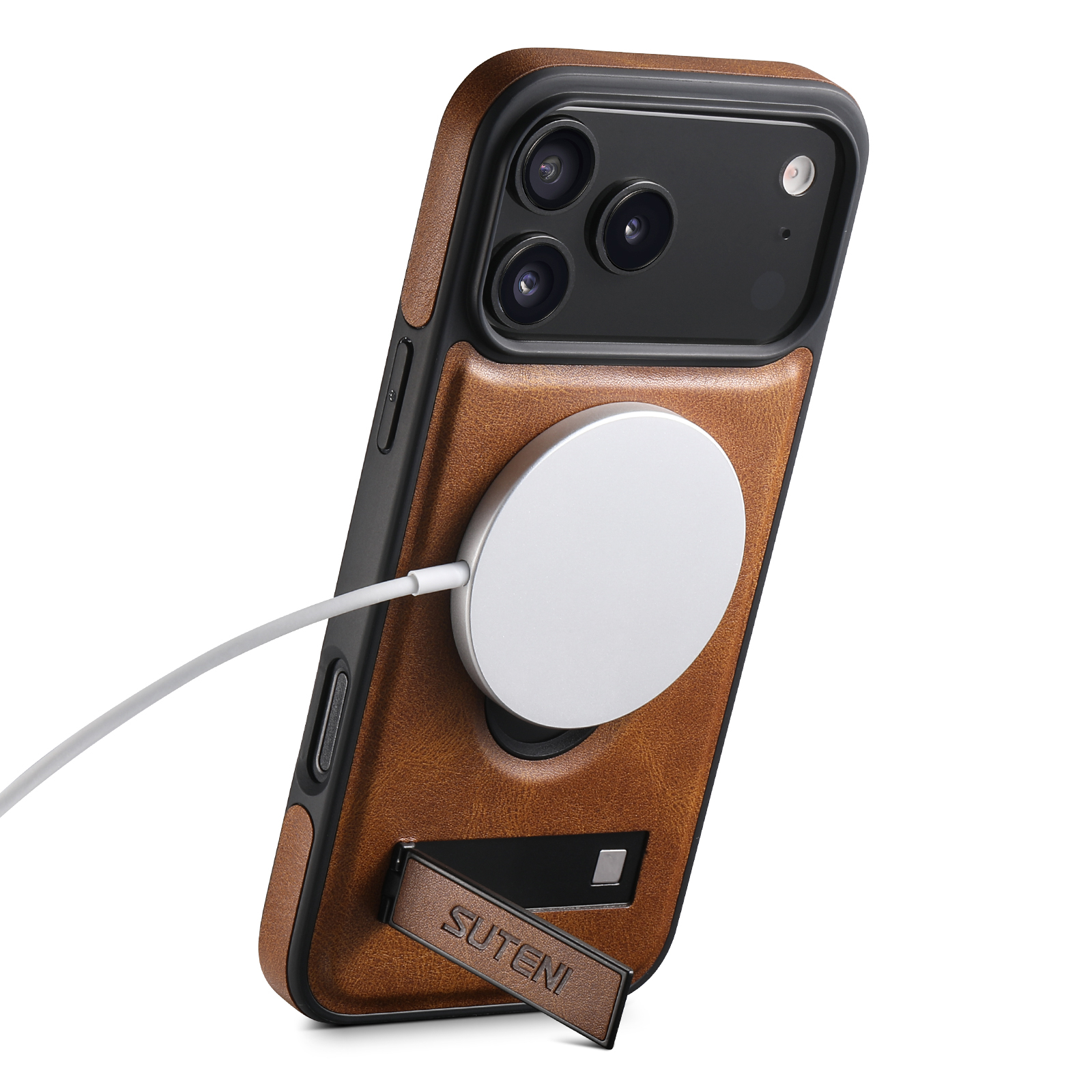 SUTENI G2YL Luxury Faux Leather Phone Case Stand Magnet Wireless Charging Smooth Surface For iPhone 17 Pro Max 16 Plus 15 14 13 12