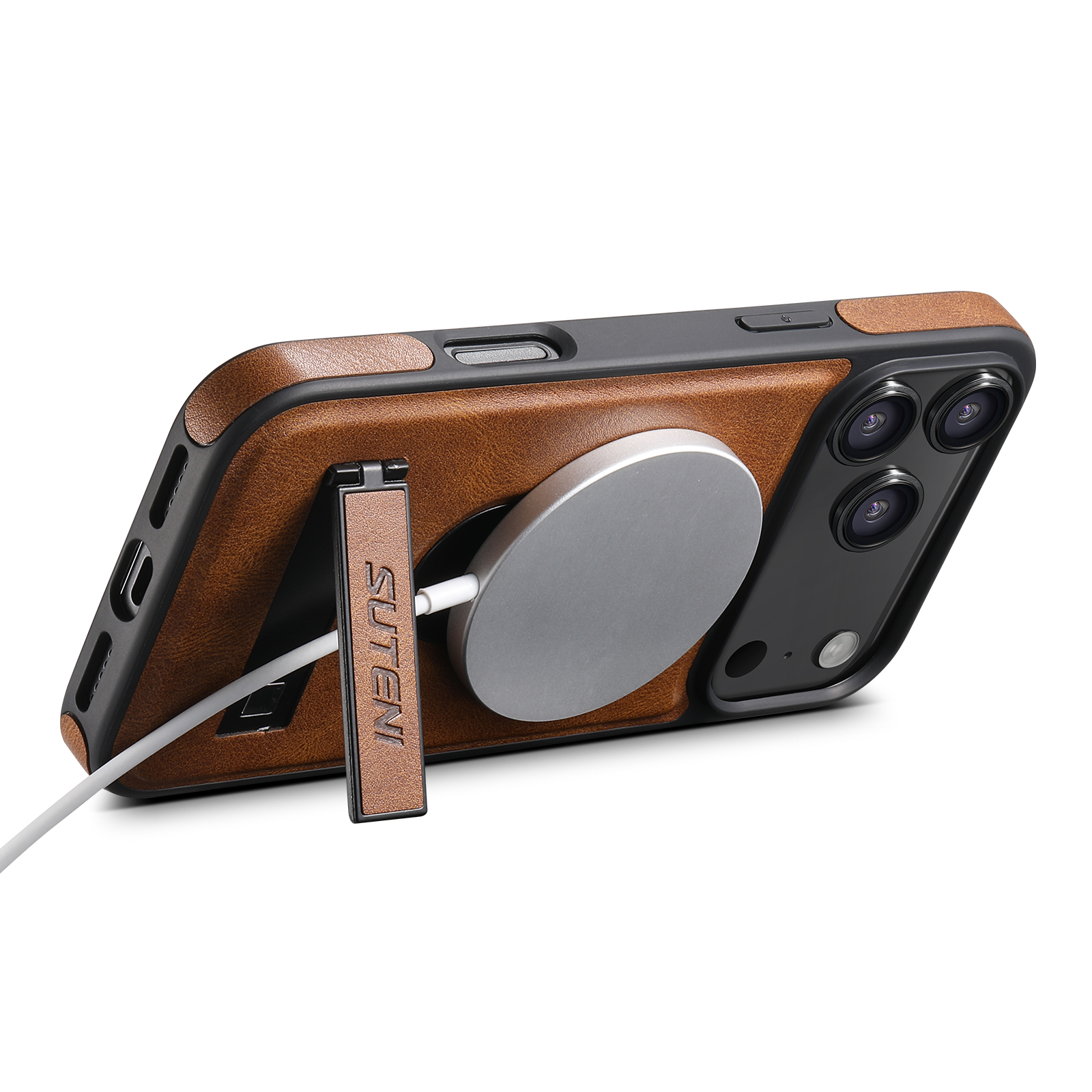 SUTENI G2YL Luxury Faux Leather Phone Case Stand Magnet Wireless Charging Smooth Surface For iPhone 17 Pro Max 16 Plus 15 14 13 12