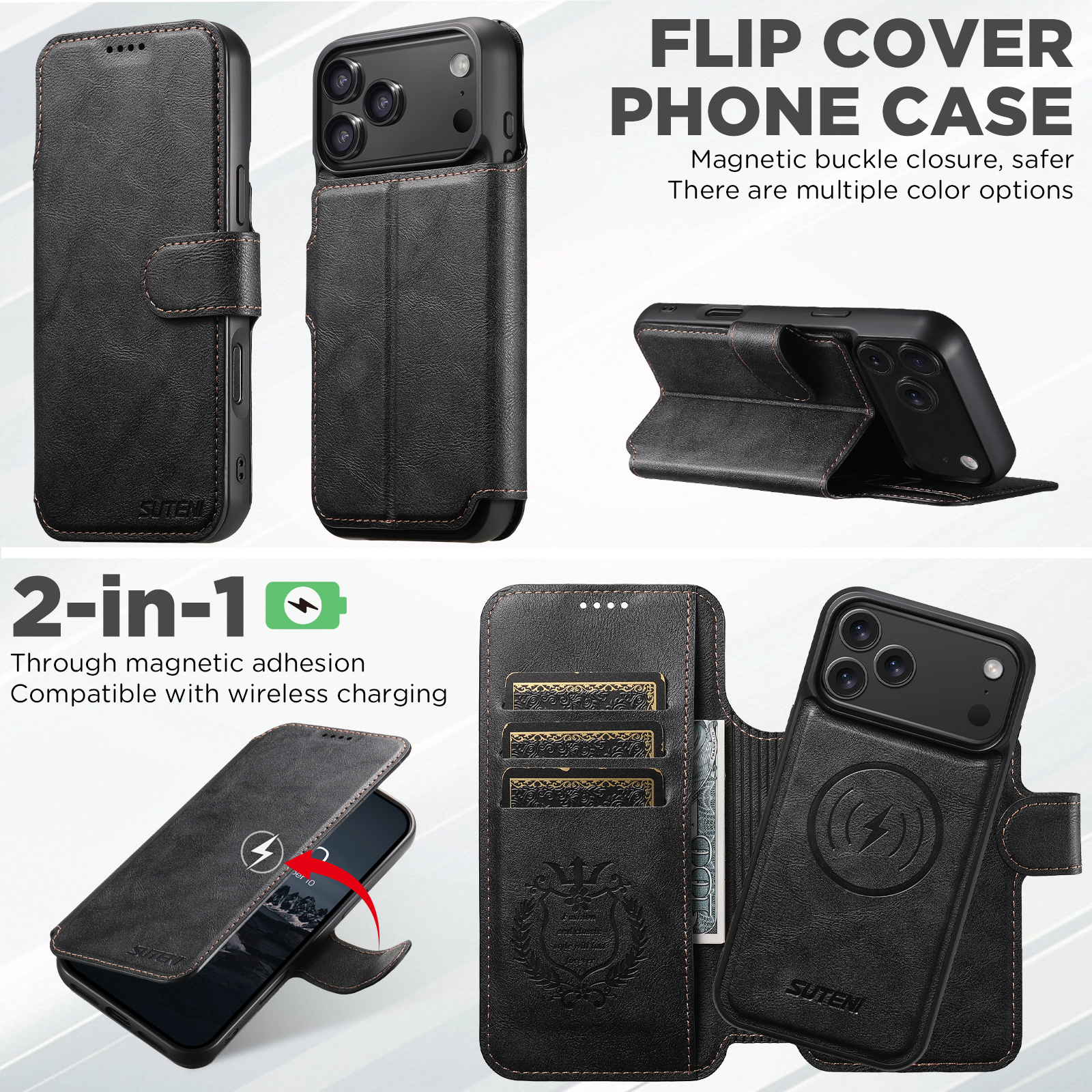 SUTENI Q05 Faux Leather Wireless Charging Card Holder Stand Wallet Magnetic Flip Cover Phone Case For iPhone 17 Pro Max 16 Plus 15 14 13 12