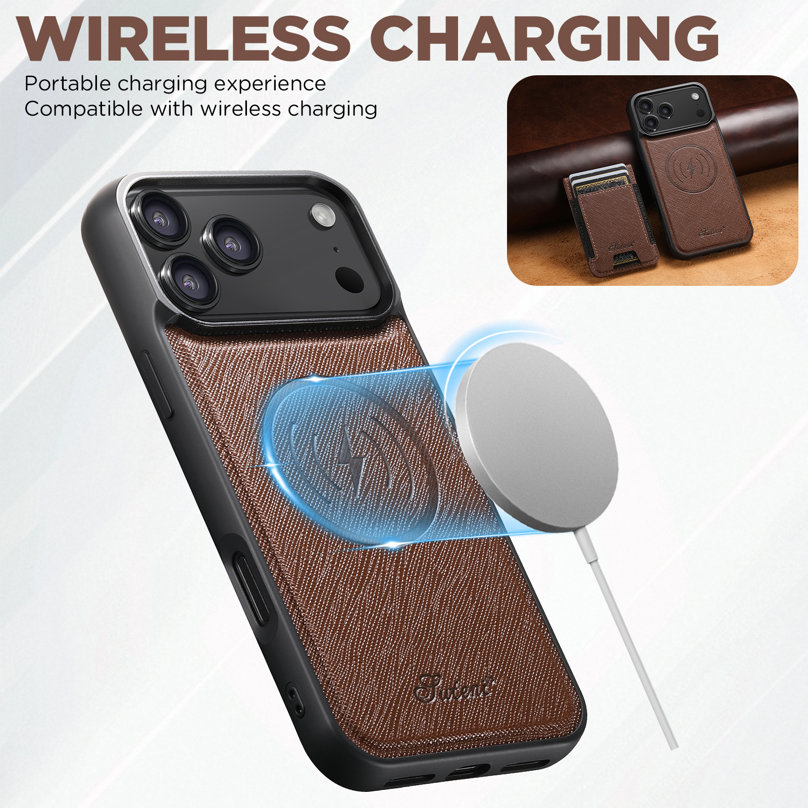 SUTENI H17SZ Wireless Charging Magnet Phone Case Card Holder Stand Faux Leather For iPhone 17 Pro Max 16 Plus 15 14 13 12
