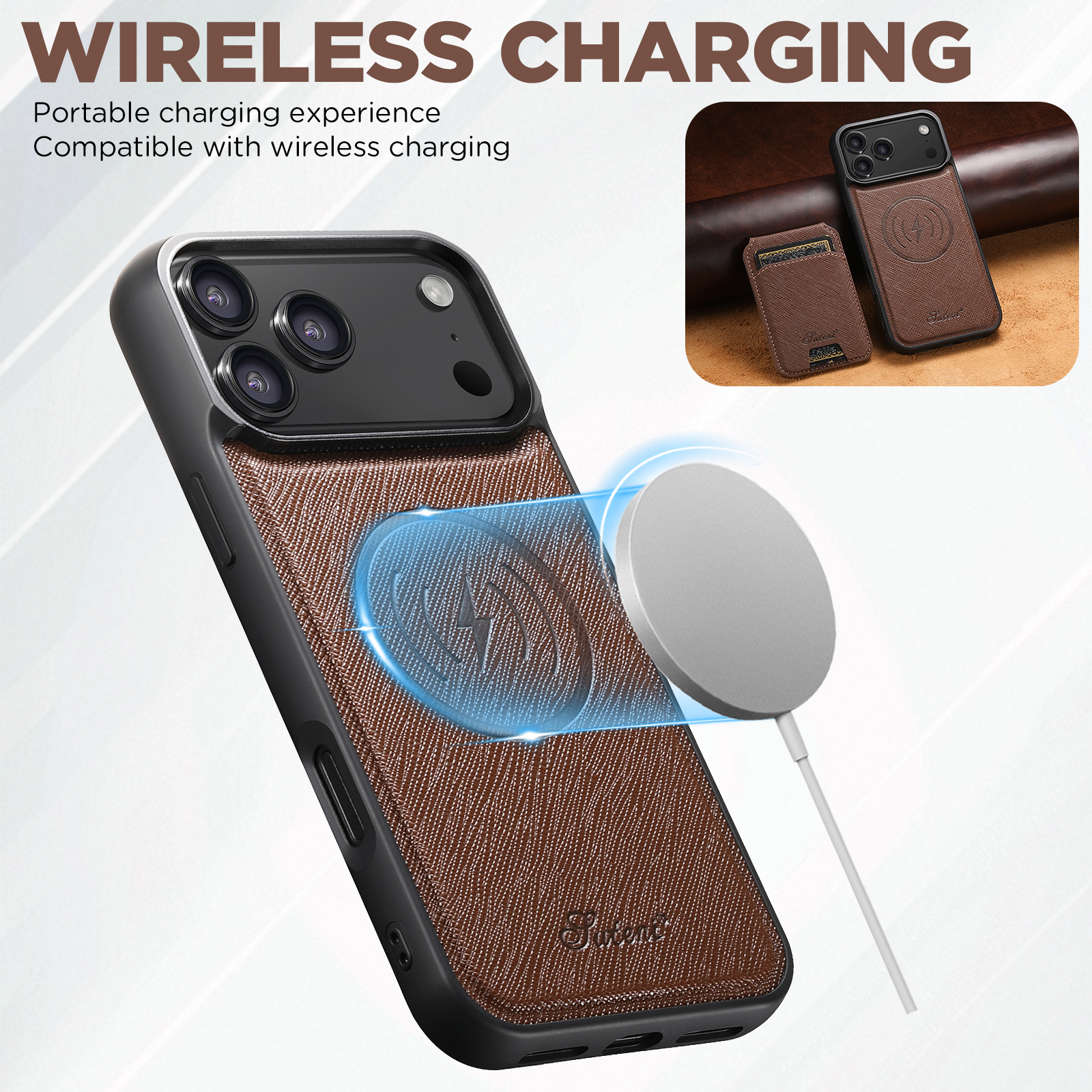 SUTENI H18SZ Phone Case Wireless Charging Magnet Card Holder Stand Faux Leather For iPhone 17 Pro Max 16 Plus 15 14 13 12