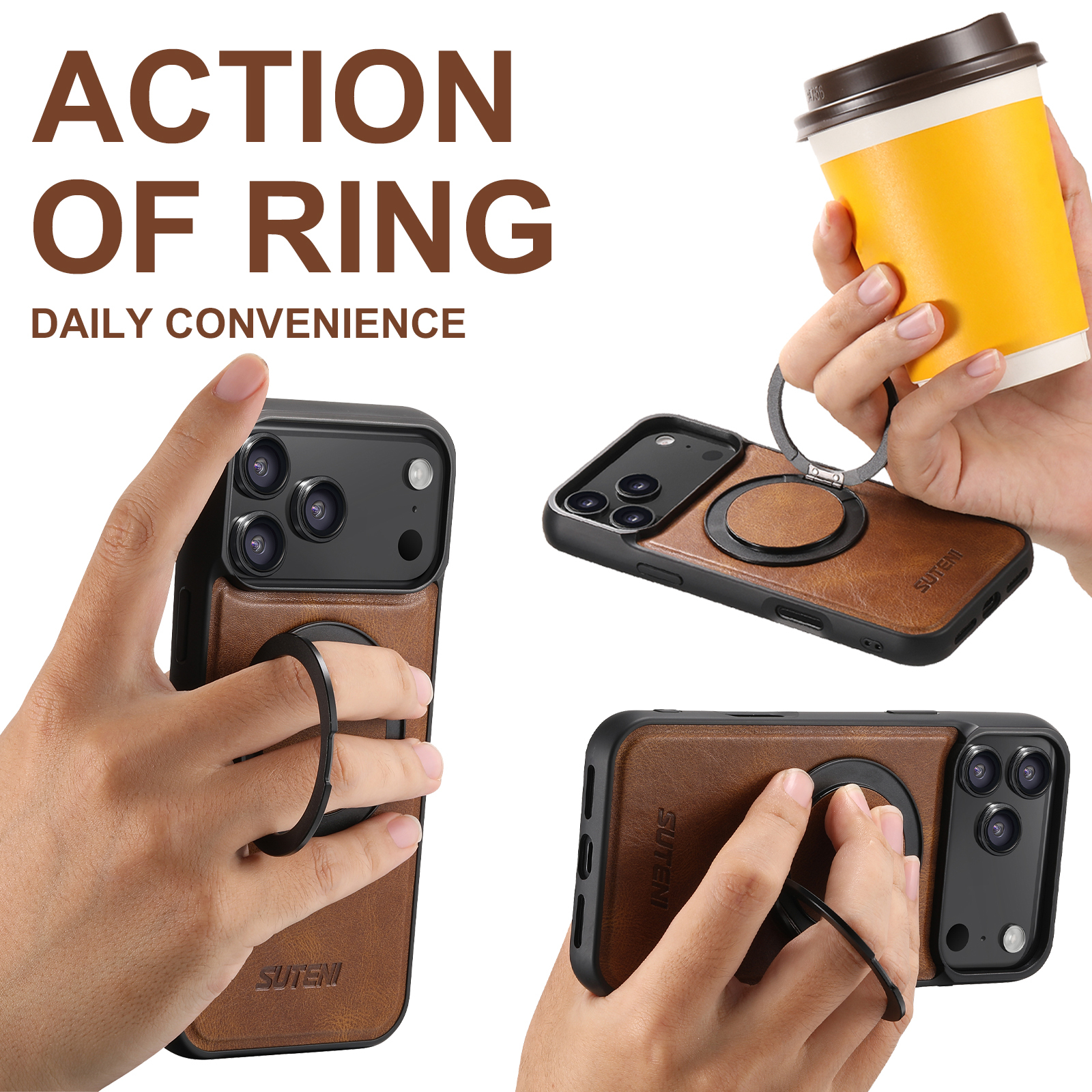 SUTENI G3YL Oil Wax PU Leather Magnet Wireless Charging Phone Case 360° Rotating Stand Buckle For iPhone 16 Pro Max 15 Plus 14 Pro 13 12