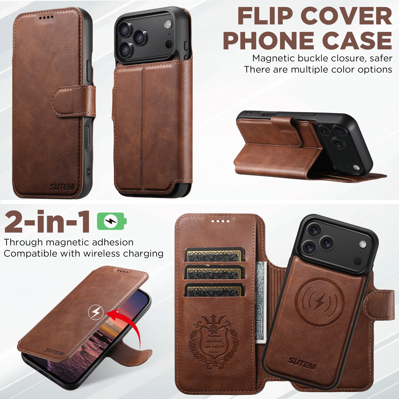 SUTENI Q05 Faux Leather Wireless Charging Card Holder Stand Wallet Magnetic Flip Cover Phone Case For iPhone 17 Pro Max 16 Plus 15 14 13 12