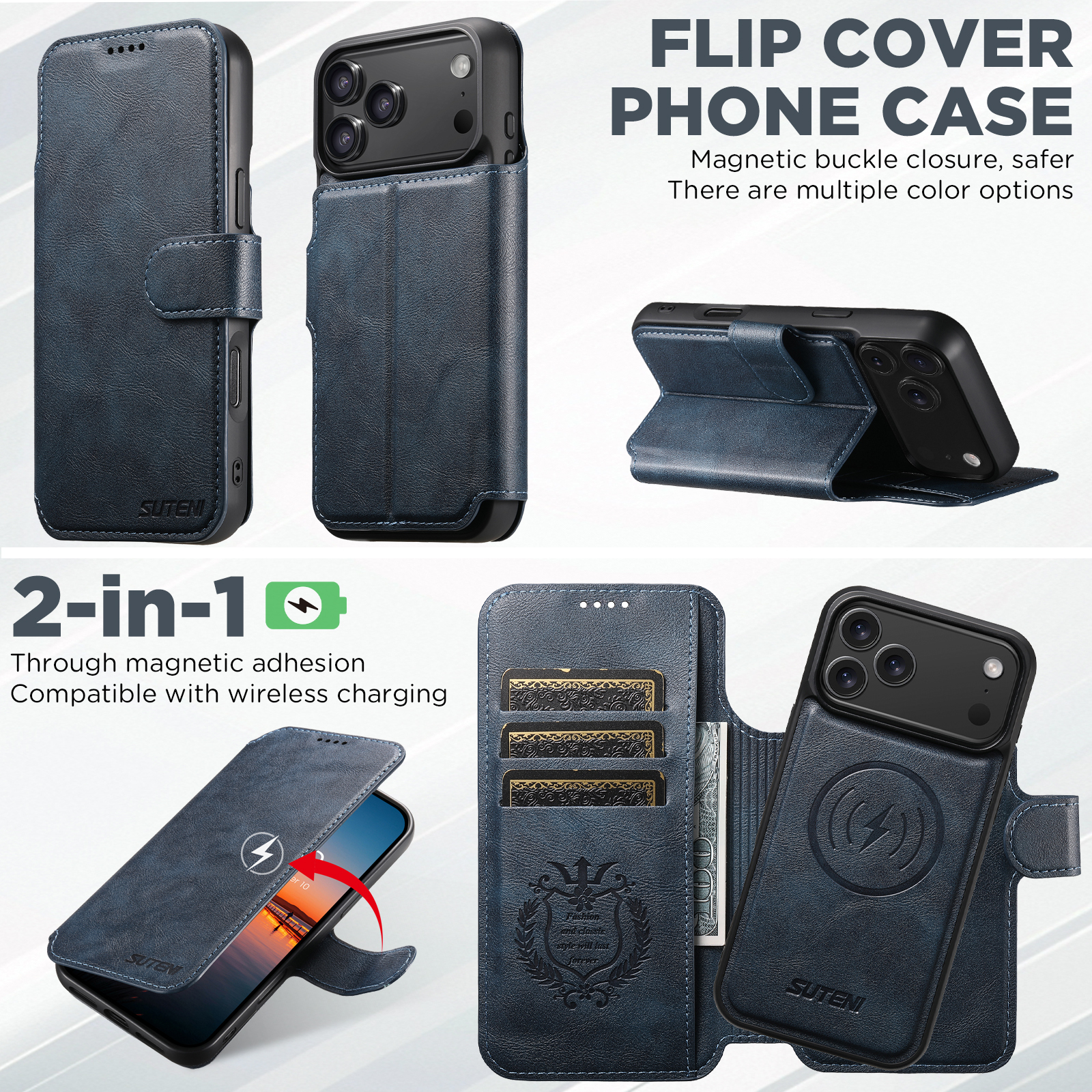 SUTENI Q05 Faux Leather Wireless Charging Card Holder Stand Wallet Magnetic Flip Cover Phone Case For iPhone 17 Pro Max 16 Plus 15 14 13 12