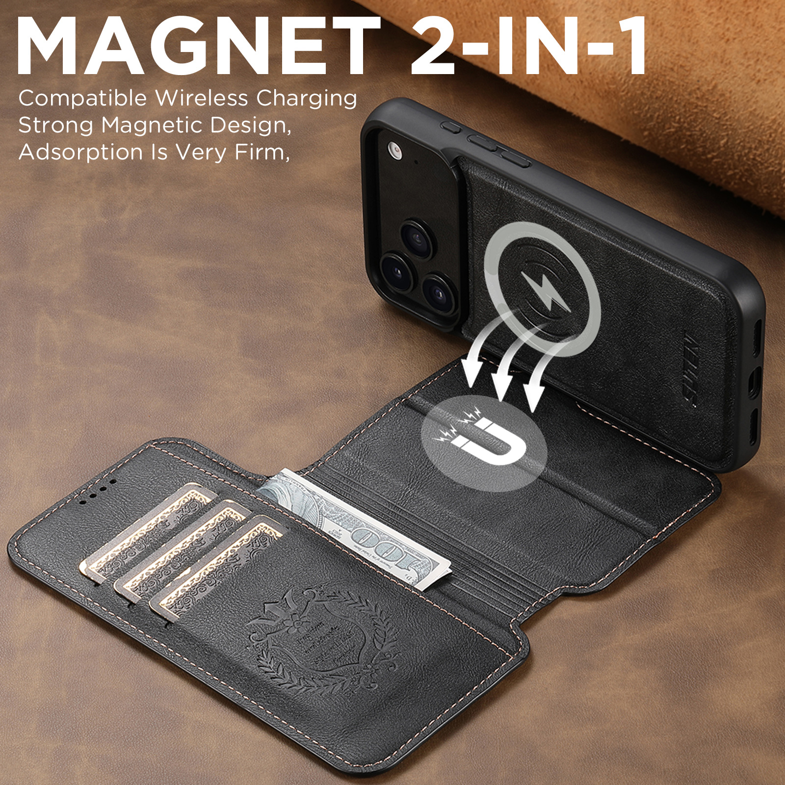SUTENI Q05 Faux Leather Wireless Charging Card Holder Stand Wallet Magnetic Flip Cover Phone Case For iPhone 17 Pro Max 16 Plus 15 14 13 12
