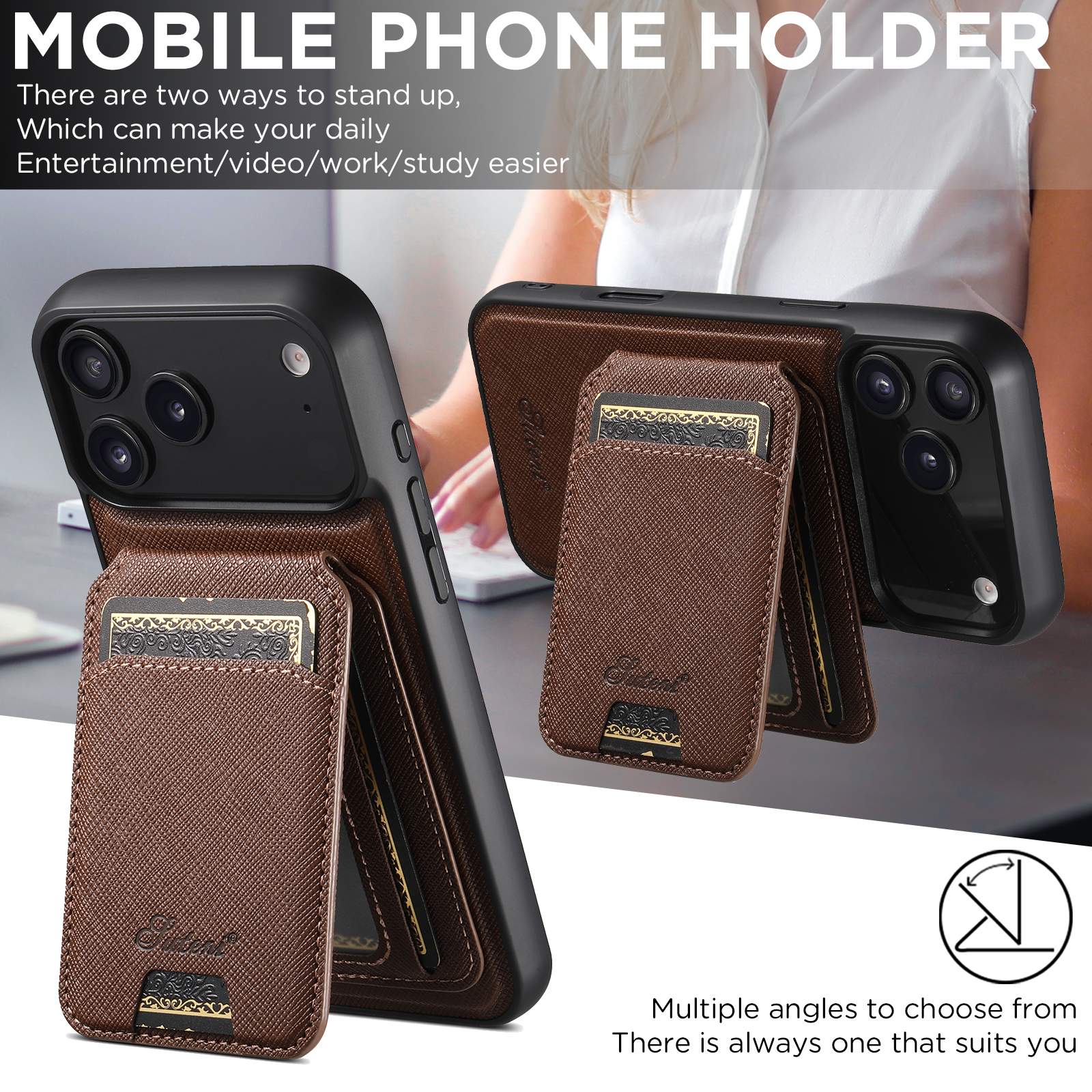 SUTENI H18SZ Phone Case Wireless Charging Magnet Card Holder Stand Faux Leather For iPhone 17 Pro Max 16 Plus 15 14 13 12