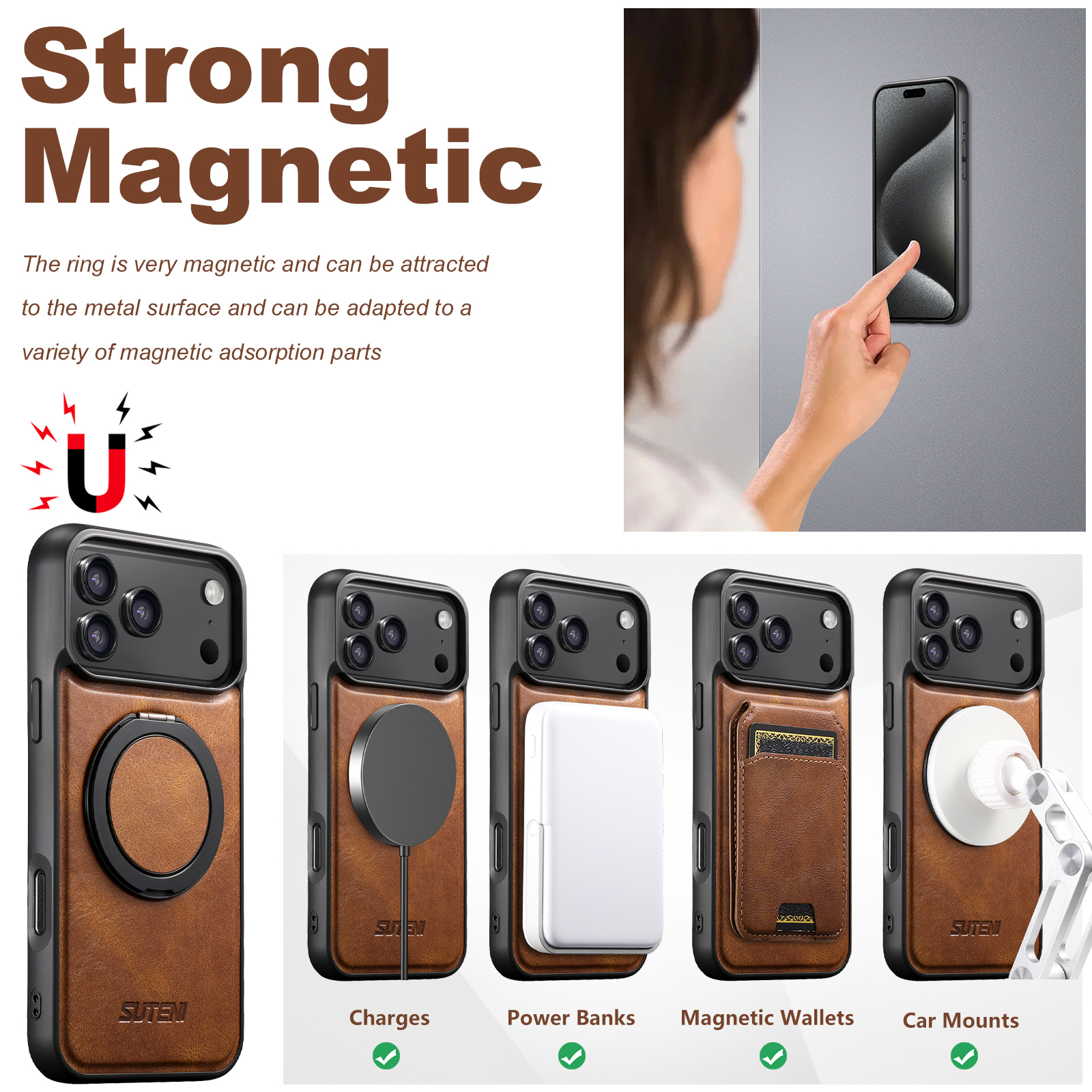 SUTENI G3YL Oil Wax PU Leather Magnet Wireless Charging Phone Case 360° Rotating Stand Buckle For iPhone 16 Pro Max 15 Plus 14 Pro 13 12