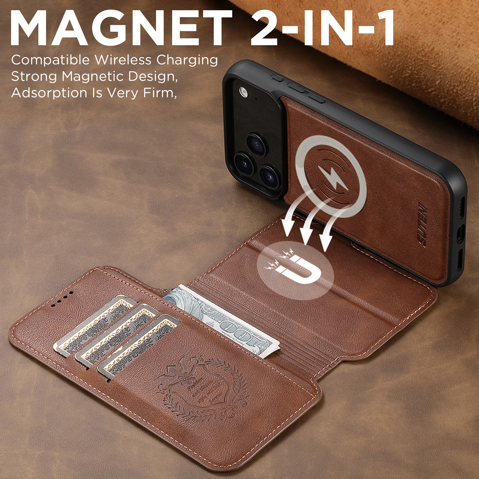 SUTENI Q05 Faux Leather Wireless Charging Card Holder Stand Wallet Magnetic Flip Cover Phone Case For iPhone 17 Pro Max 16 Plus 15 14 13 12