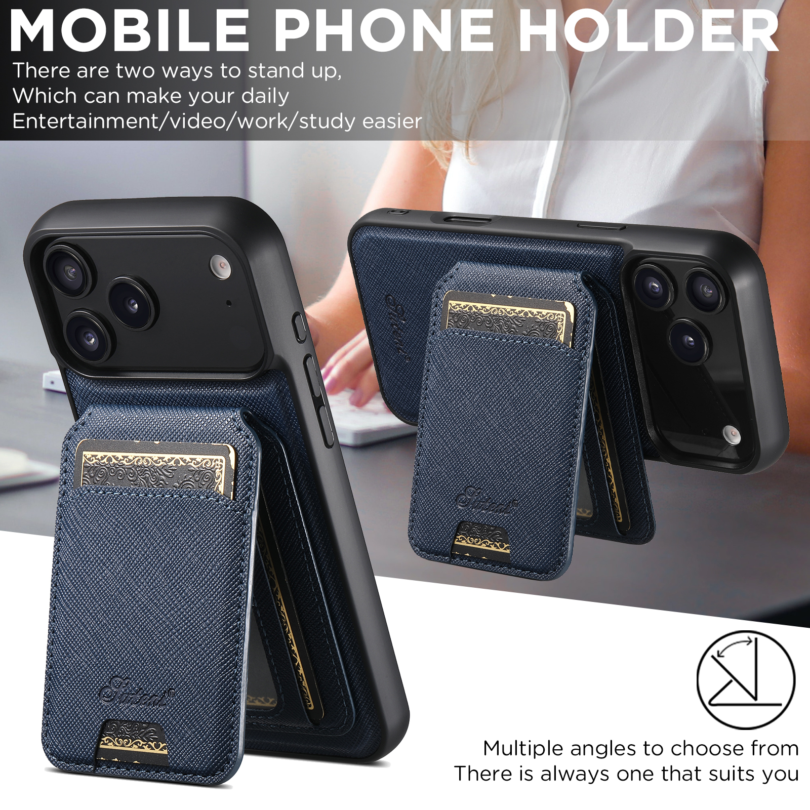 SUTENI H18SZ Phone Case Wireless Charging Magnet Card Holder Stand Faux Leather For iPhone 17 Pro Max 16 Plus 15 14 13 12