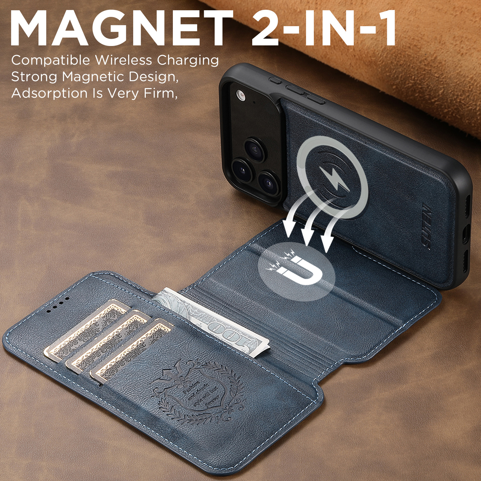 SUTENI Q05 Faux Leather Wireless Charging Card Holder Stand Wallet Magnetic Flip Cover Phone Case For iPhone 17 Pro Max 16 Plus 15 14 13 12