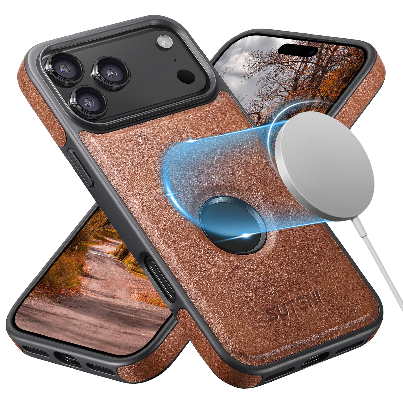 SUTENI G1 Wireless Charging Luxury Faux Leather Magnet Phone Case For iPhone 17 Pro Max 16 Plus 15 14 13 12