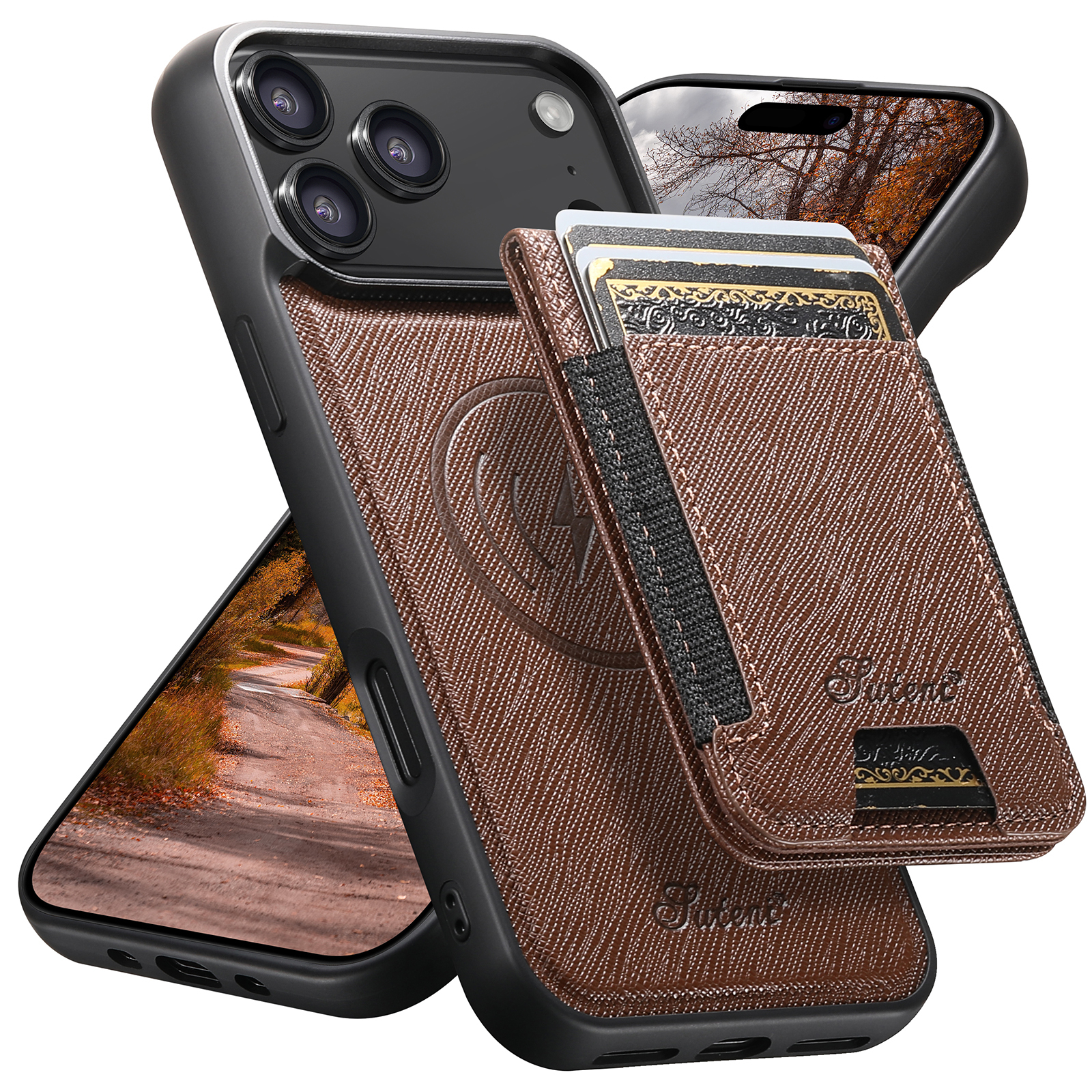 SUTENI H17SZ Wireless Charging Magnet Phone Case Card Holder Stand Faux Leather For iPhone 17 Pro Max 16 Plus 15 14 13 12