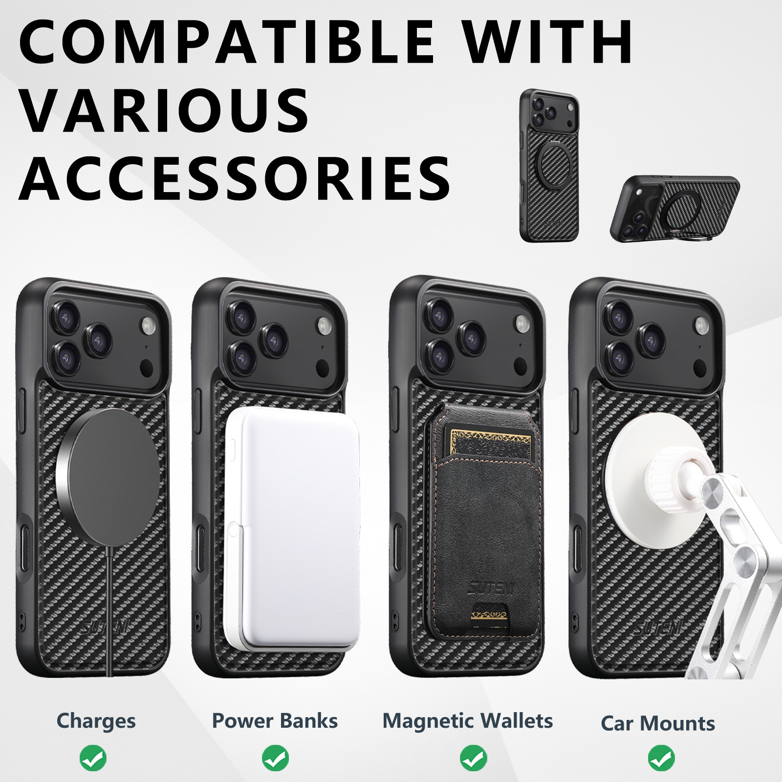 SUTENI G3TXW Magnet Wireless Charging Mobile Phone Case 360° Rotating Stand Faux Leather Ring Buckle For iPhone 17 Pro Max 16 Plus 15 14 13 12