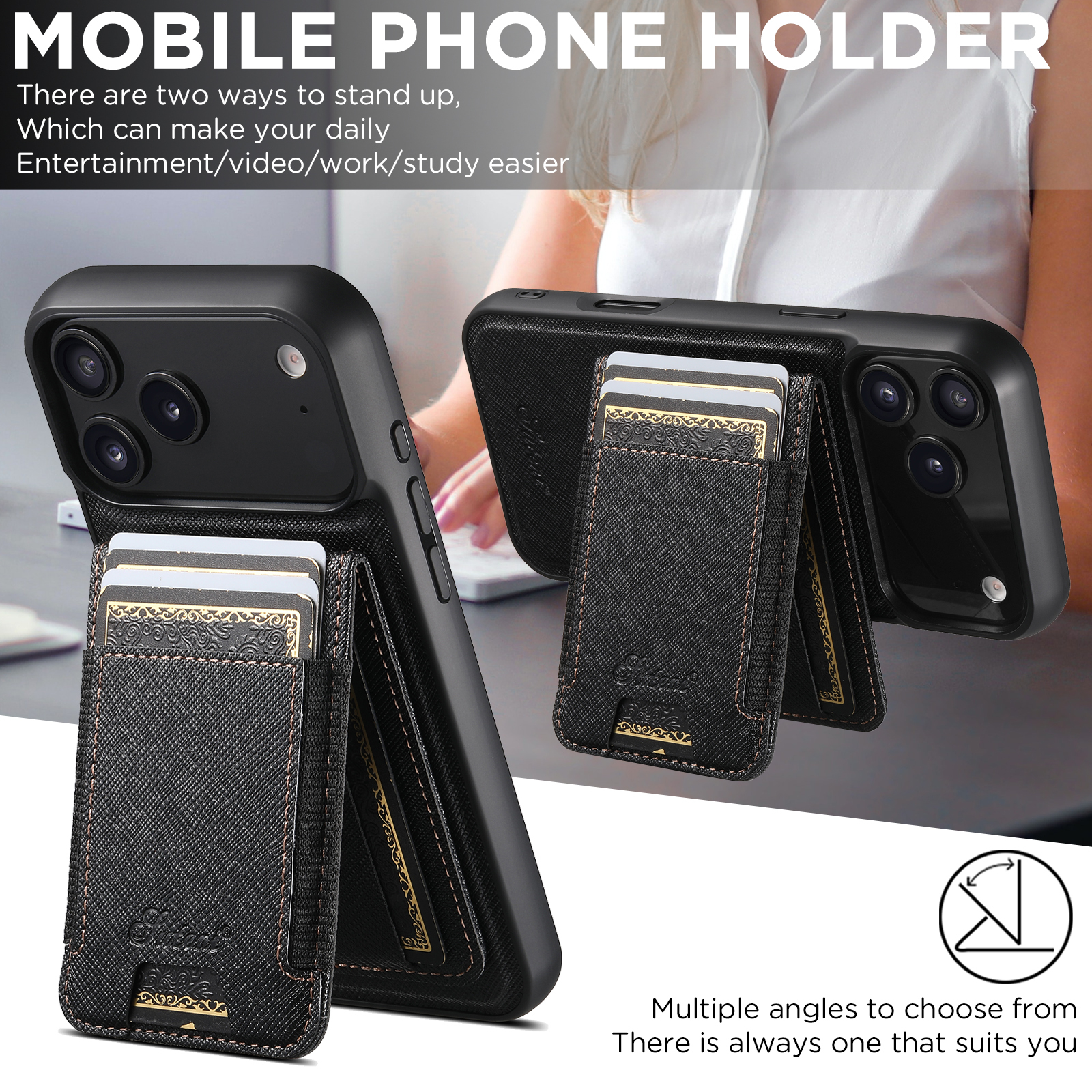 SUTENI H17SZ Wireless Charging Magnet Phone Case Card Holder Stand Faux Leather For iPhone 17 Pro Max 16 Plus 15 14 13 12