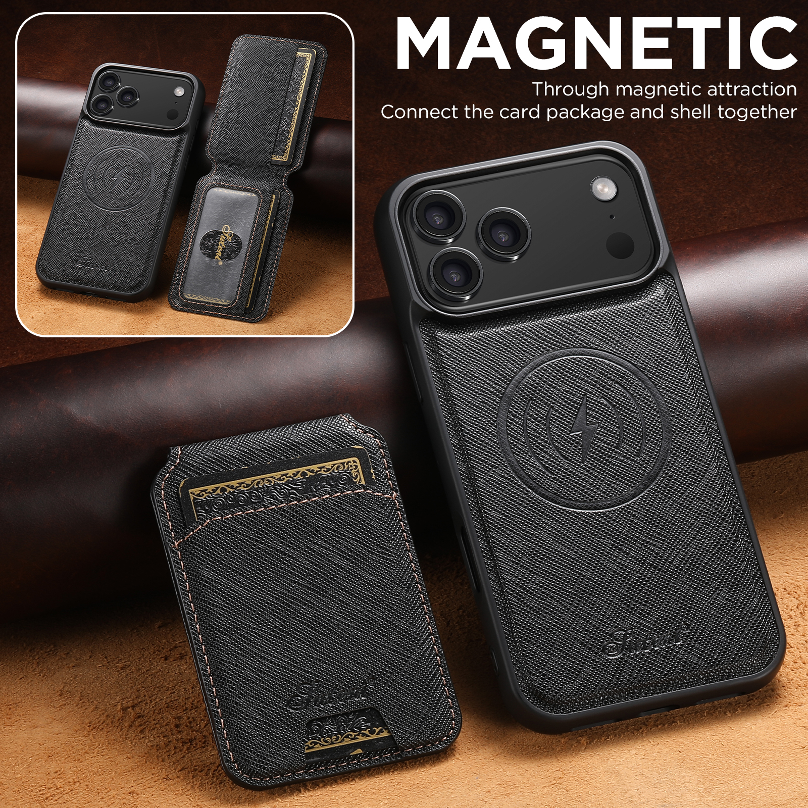 SUTENI H18SZ Phone Case Wireless Charging Magnet Card Holder Stand Faux Leather For iPhone 17 Pro Max 16 Plus 15 14 13 12