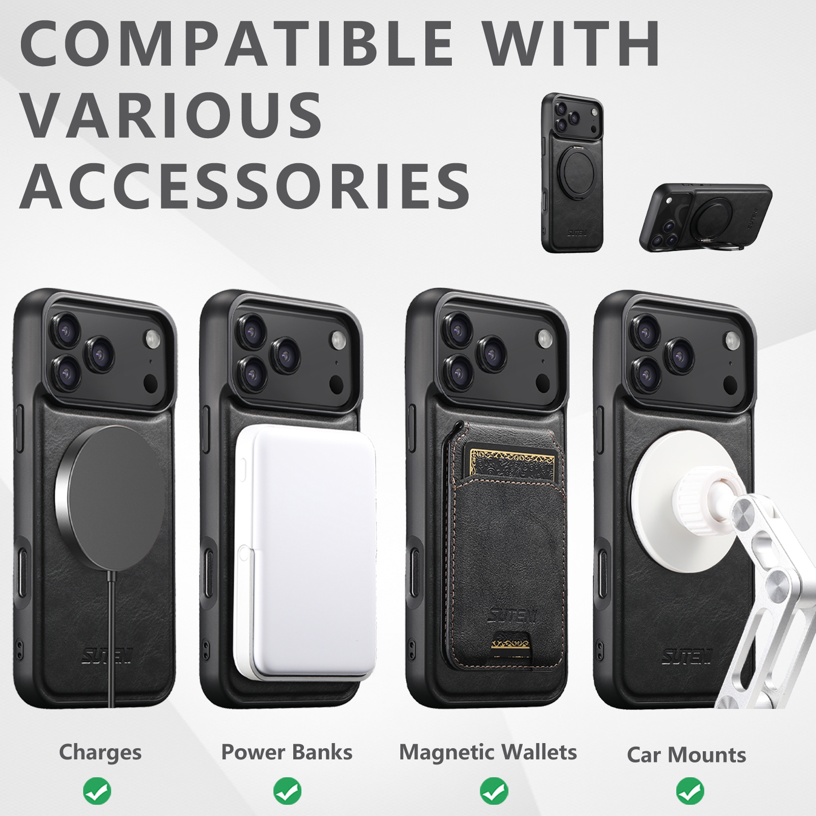 SUTENI G3YL Oil Wax PU Leather Magnet Wireless Charging Phone Case 360° Rotating Stand Buckle For iPhone 16 Pro Max 15 Plus 14 Pro 13 12
