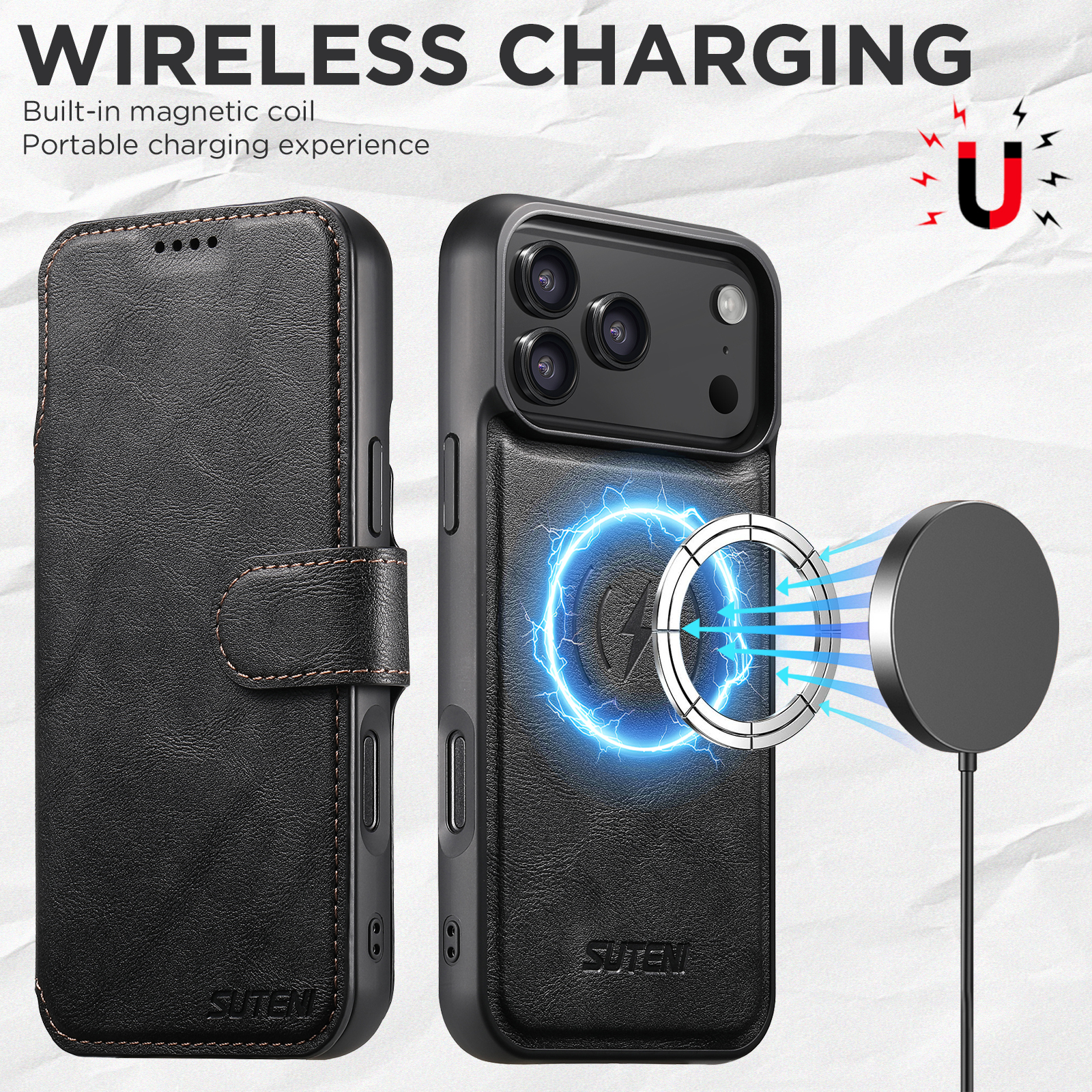 SUTENI Q05 Faux Leather Wireless Charging Card Holder Stand Wallet Magnetic Flip Cover Phone Case For iPhone 17 Pro Max 16 Plus 15 14 13 12