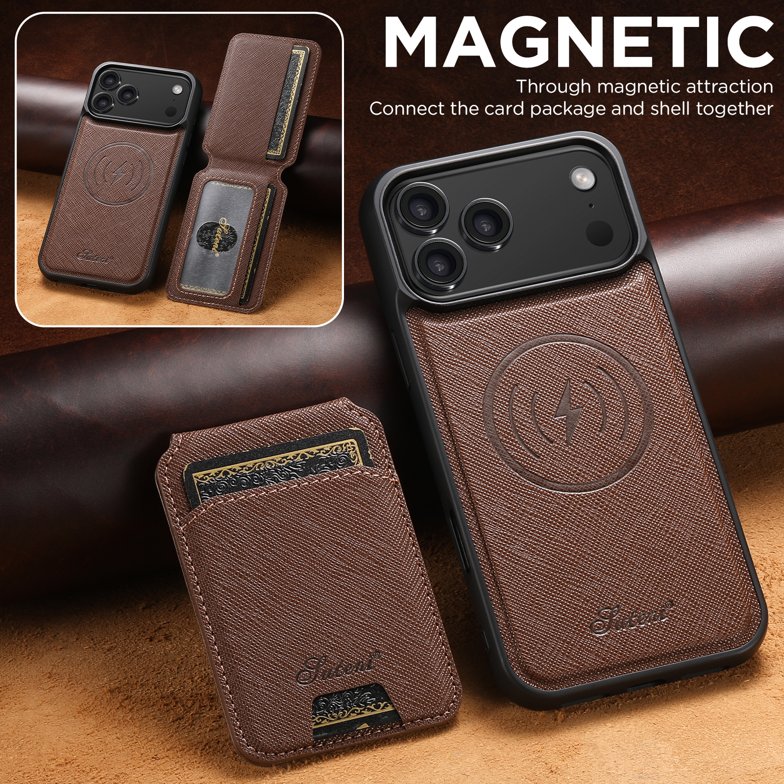SUTENI H18SZ Phone Case Wireless Charging Magnet Card Holder Stand Faux Leather For iPhone 17 Pro Max 16 Plus 15 14 13 12