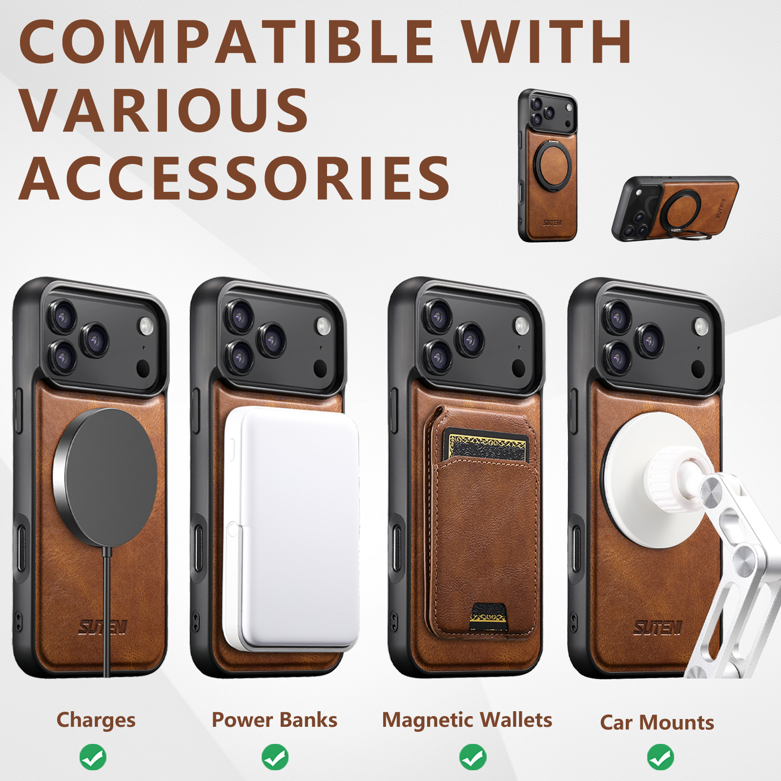 SUTENI G3YL Oil Wax PU Leather Magnet Wireless Charging Phone Case 360° Rotating Stand Buckle For iPhone 16 Pro Max 15 Plus 14 Pro 13 12