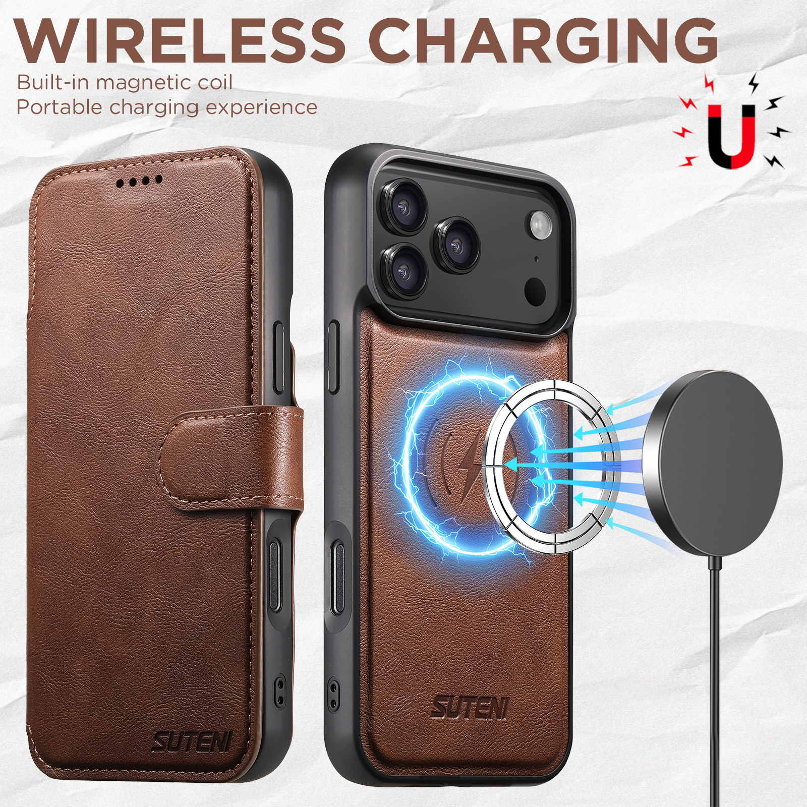 SUTENI Q05 Faux Leather Wireless Charging Card Holder Stand Wallet Magnetic Flip Cover Phone Case For iPhone 17 Pro Max 16 Plus 15 14 13 12