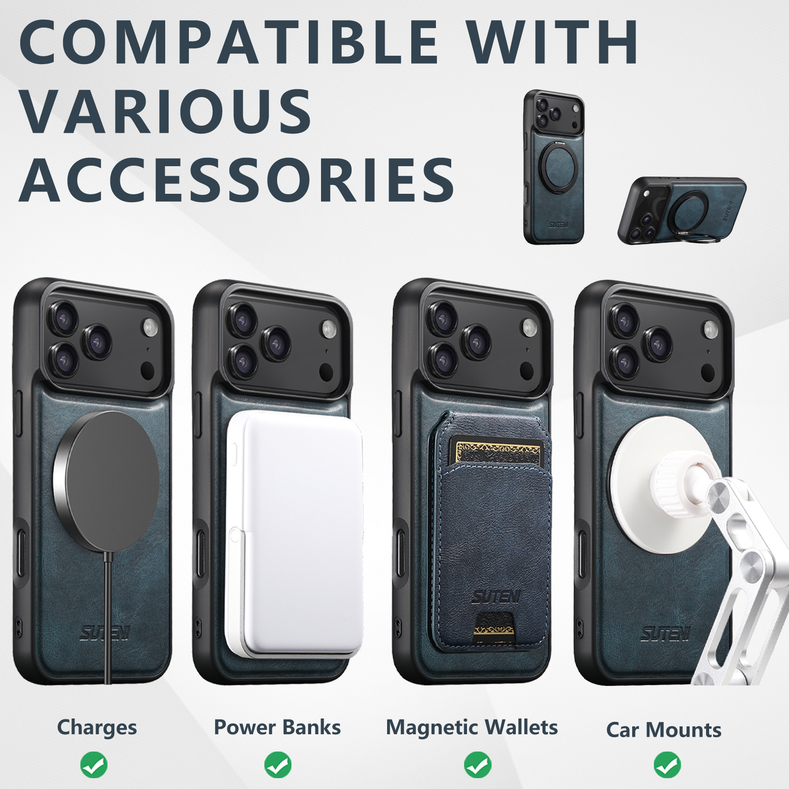 SUTENI G3YL Oil Wax PU Leather Magnet Wireless Charging Phone Case 360° Rotating Stand Buckle For iPhone 16 Pro Max 15 Plus 14 Pro 13 12