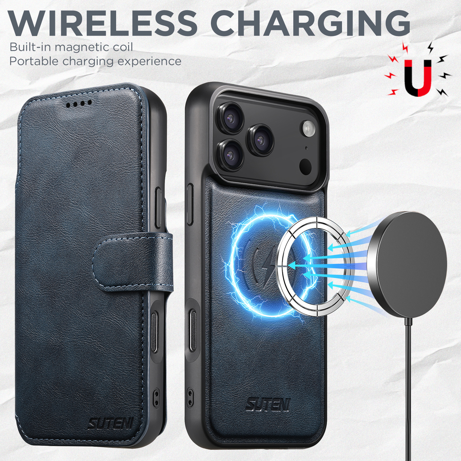SUTENI Q05 Faux Leather Wireless Charging Card Holder Stand Wallet Magnetic Flip Cover Phone Case For iPhone 17 Pro Max 16 Plus 15 14 13 12