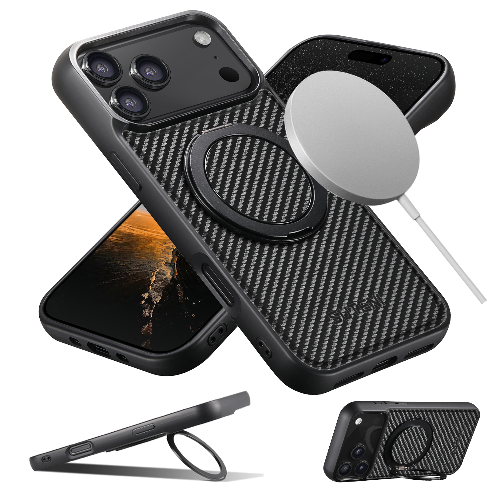 SUTENI G3TXW Magnet Wireless Charging Mobile Phone Case 360° Rotating Stand Faux Leather Ring Buckle For iPhone 17 Pro Max 16 Plus 15 14 13 12