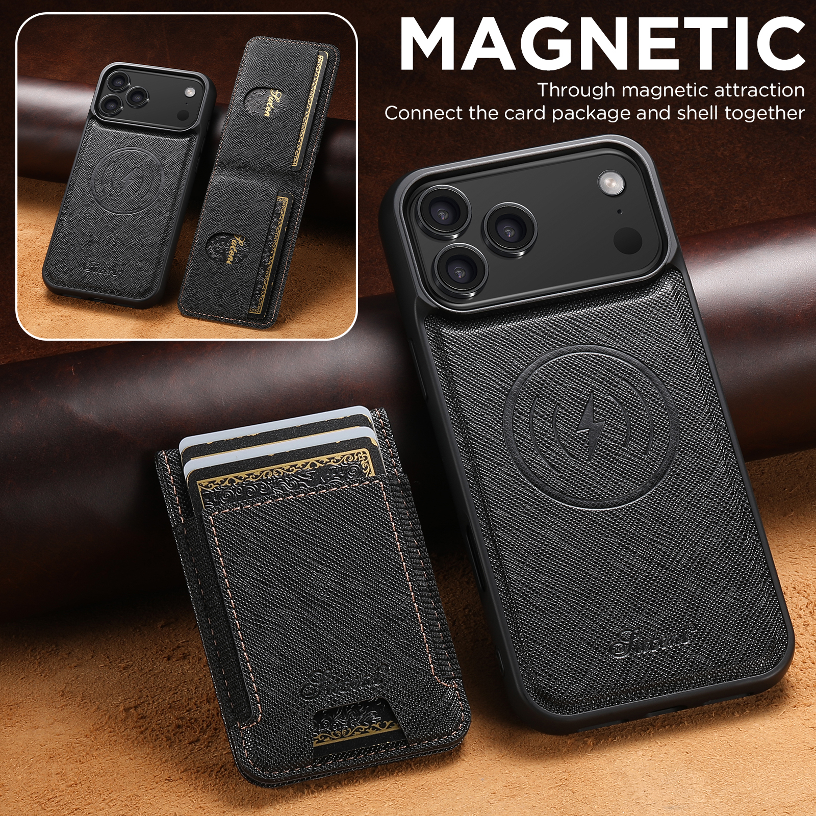 SUTENI H17SZ Wireless Charging Magnet Phone Case Card Holder Stand Faux Leather For iPhone 17 Pro Max 16 Plus 15 14 13 12